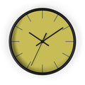 Black Wooden Base Black Hand Modern Minimal Dull Gold Yellow Wall Clock With Grey Time Markers Front