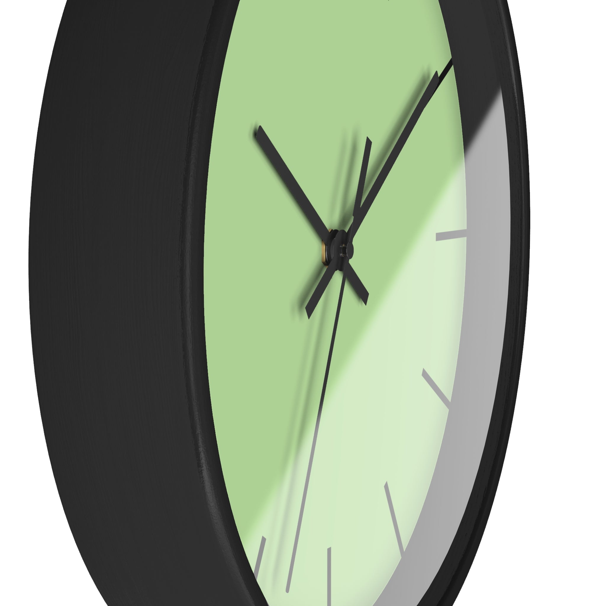 Black Wooden Base Black Hand Modern Minimal Fresh Green Mint Quiet Wall Clock With Black Time Markers Side