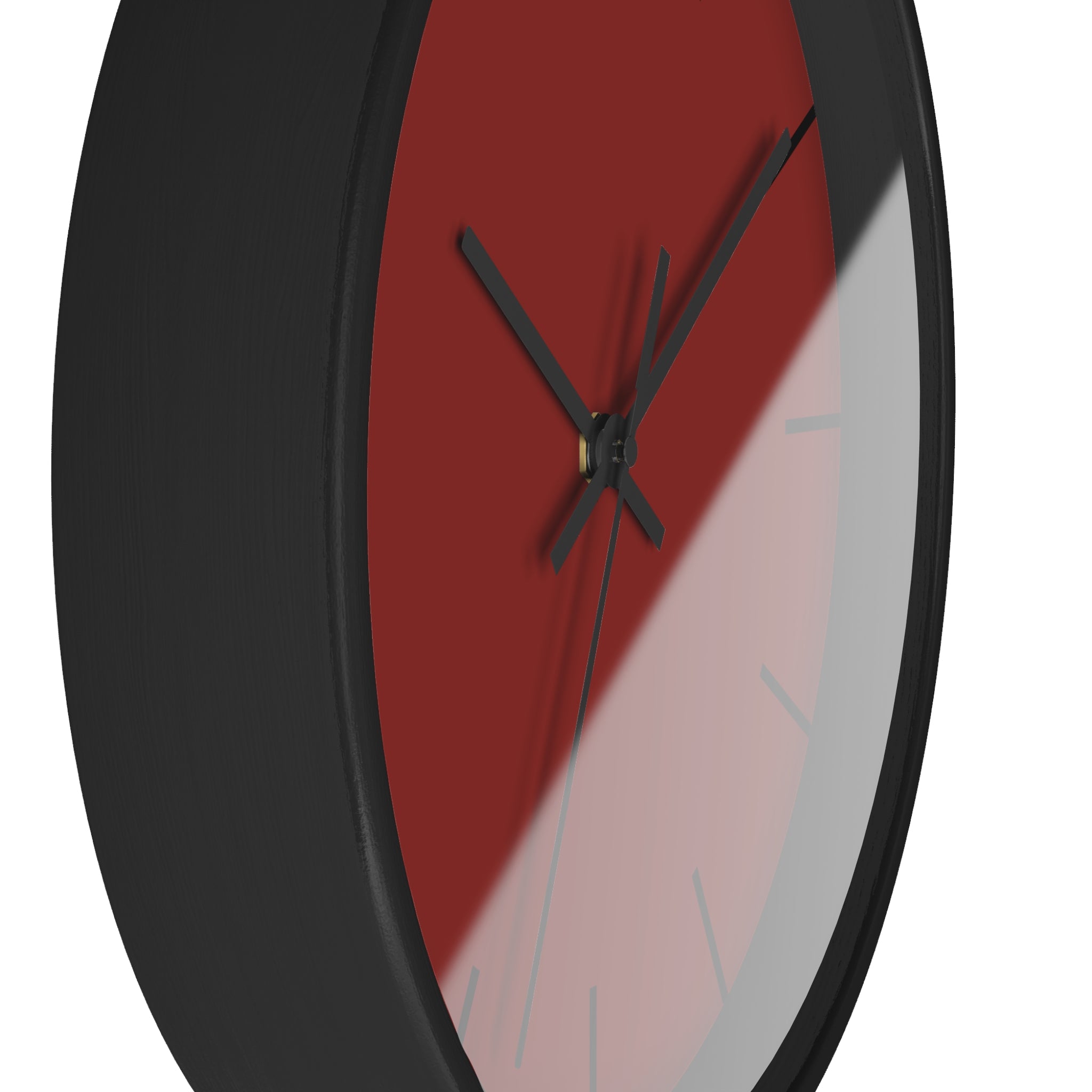 Black Wooden Base Black Hand Modern Minimal Maroon Bloodstone Red Silent Wall Clock With Black Time Markers Side