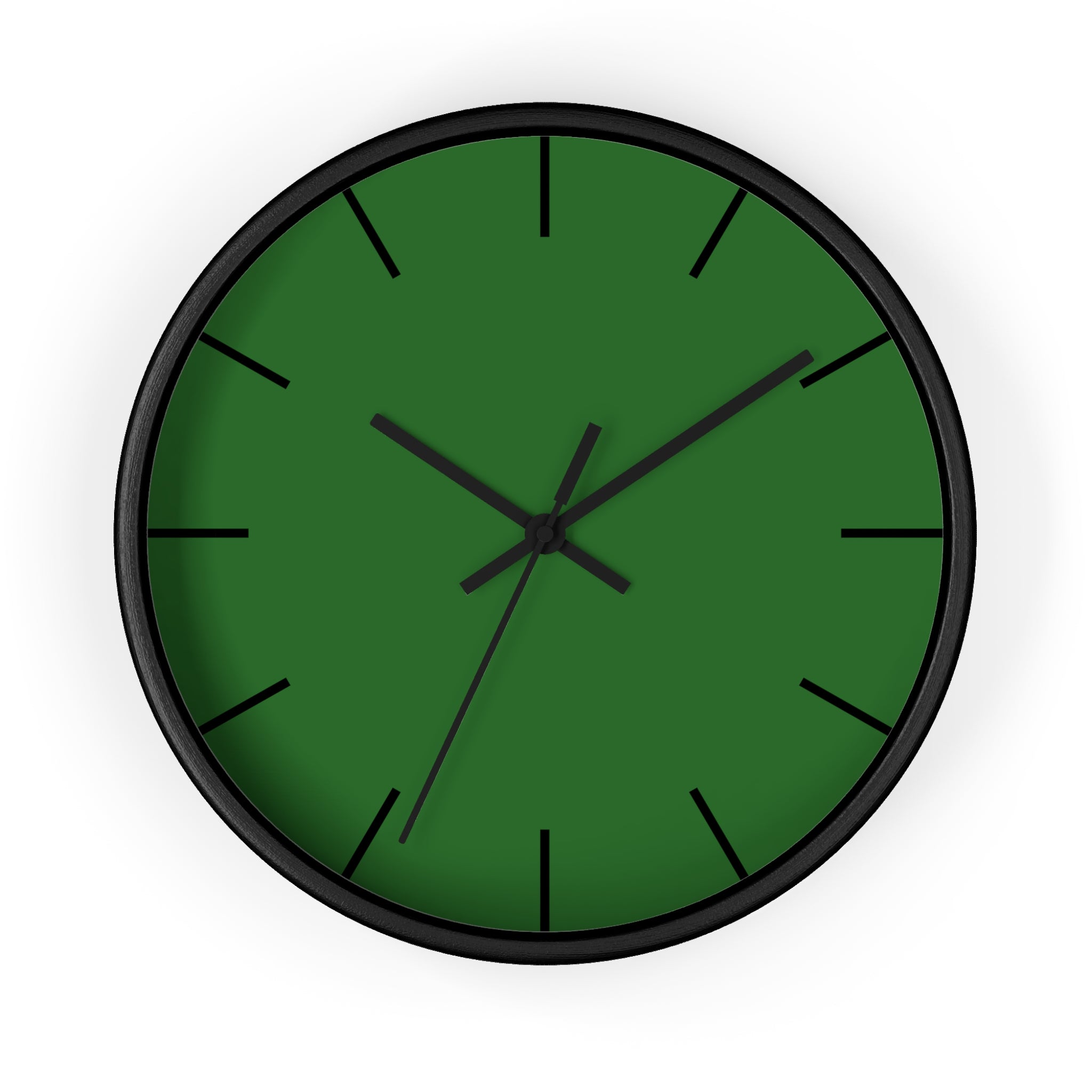 Black Wooden Base Black Hand Modern Minimal Mughal Green Silent Analog Wall Clock with black time markers Front