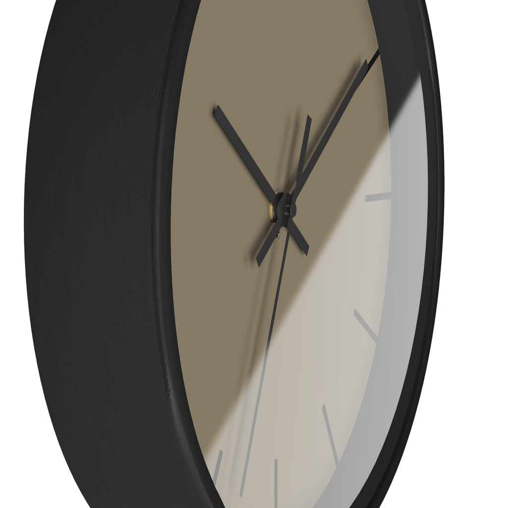 Black Wooden Base Black Hand Modern Minimal Neutral Taupe Silent Wall Clock With Black Time Markers Side 