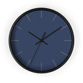 Black Wooden Base Black Hand Modern Minimal Rugged Blue Navy Silent Wall Clock With Dark Grey Time Markers Front