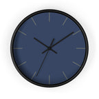 Black Wooden Base Black Hand Modern Minimal Rugged Blue Navy Silent Wall Clock With Dark Grey Time Markers Front