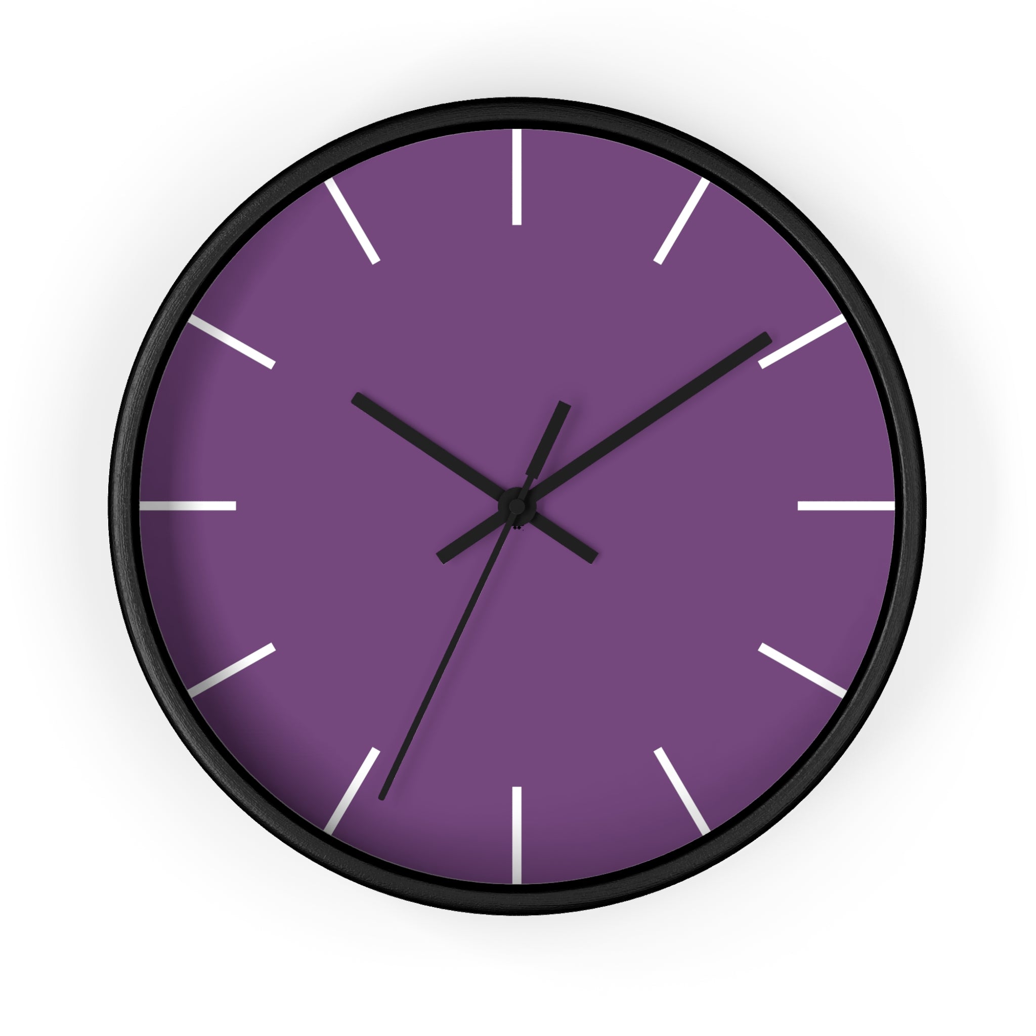Black Wooden Base Black Hand Modern Minimal Silent Purple Wall Clock With White Time Markers Front