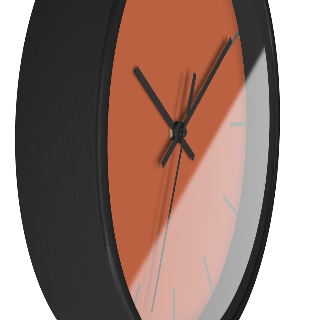 Black Wooden Base Black Hand Modern Minimalist Boho Rust Orange Wall Clock With Grey Time Markers Side