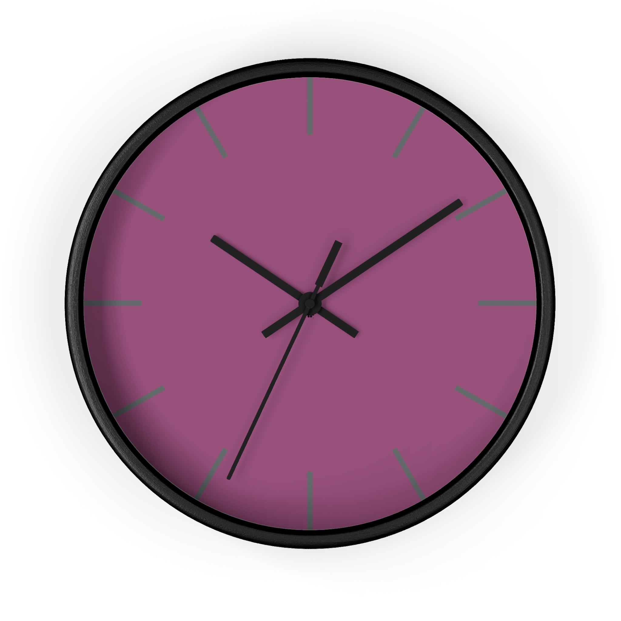 Black Wooden Base Black Hand Modern Minimalist Lavender Red Plum Silent Wall Clock With Grey Time Markers Front 