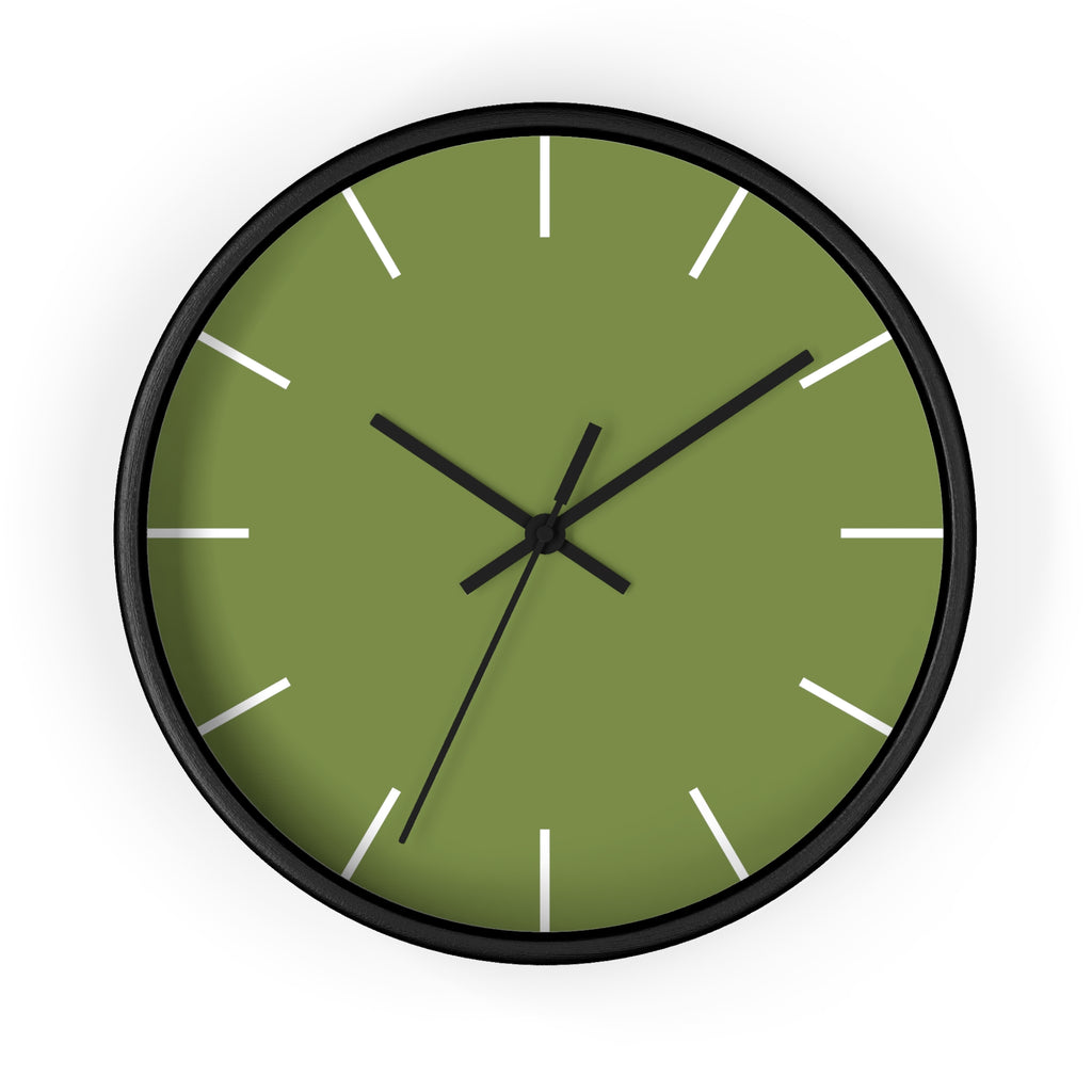 Black Wooden Base Black Hand Olive Green Modern Minimal Silent Wall Clock With White Time Markers Front