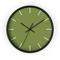 Black Wooden Base Black Hand Olive Green Modern Minimal Silent Wall Clock With White Time Markers Front