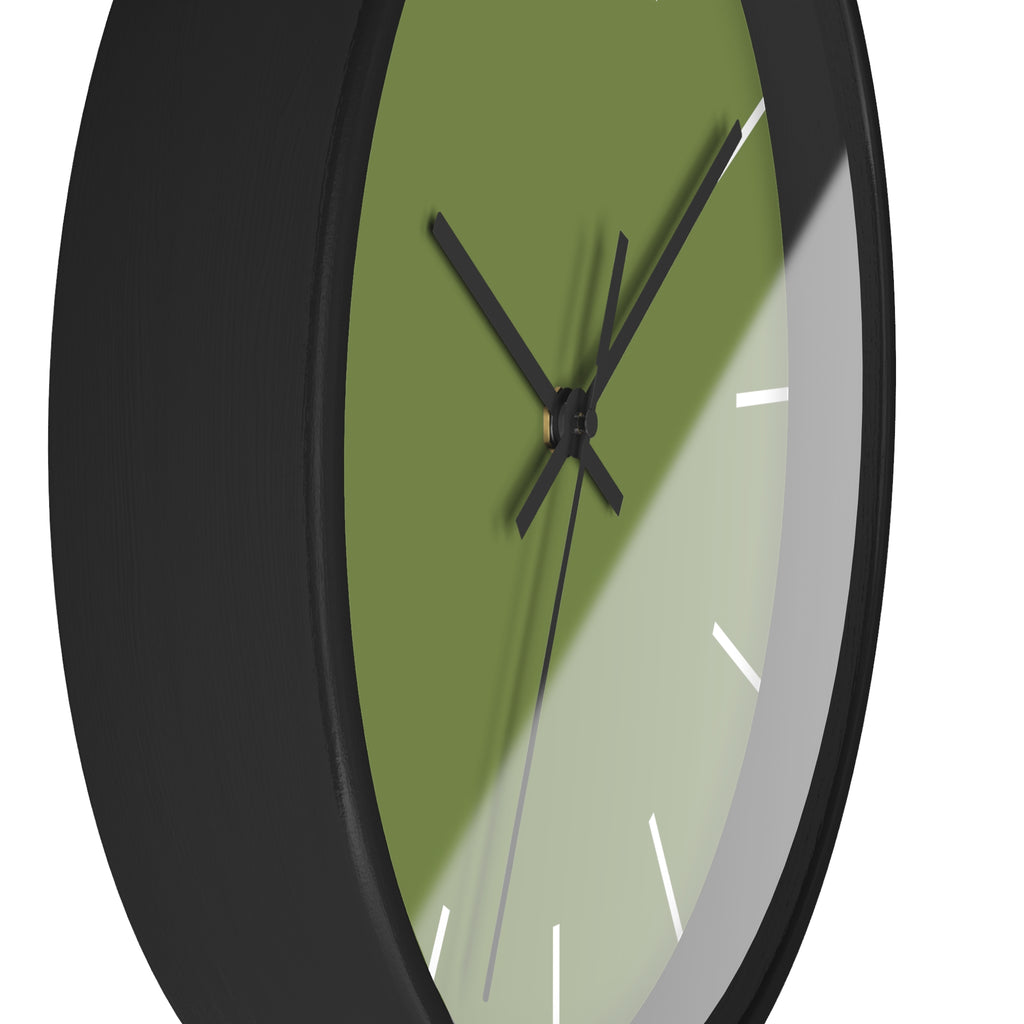 Black Wooden Base Black Hand Olive Green Modern Minimal Silent Wall Clock With White Time Markers Side