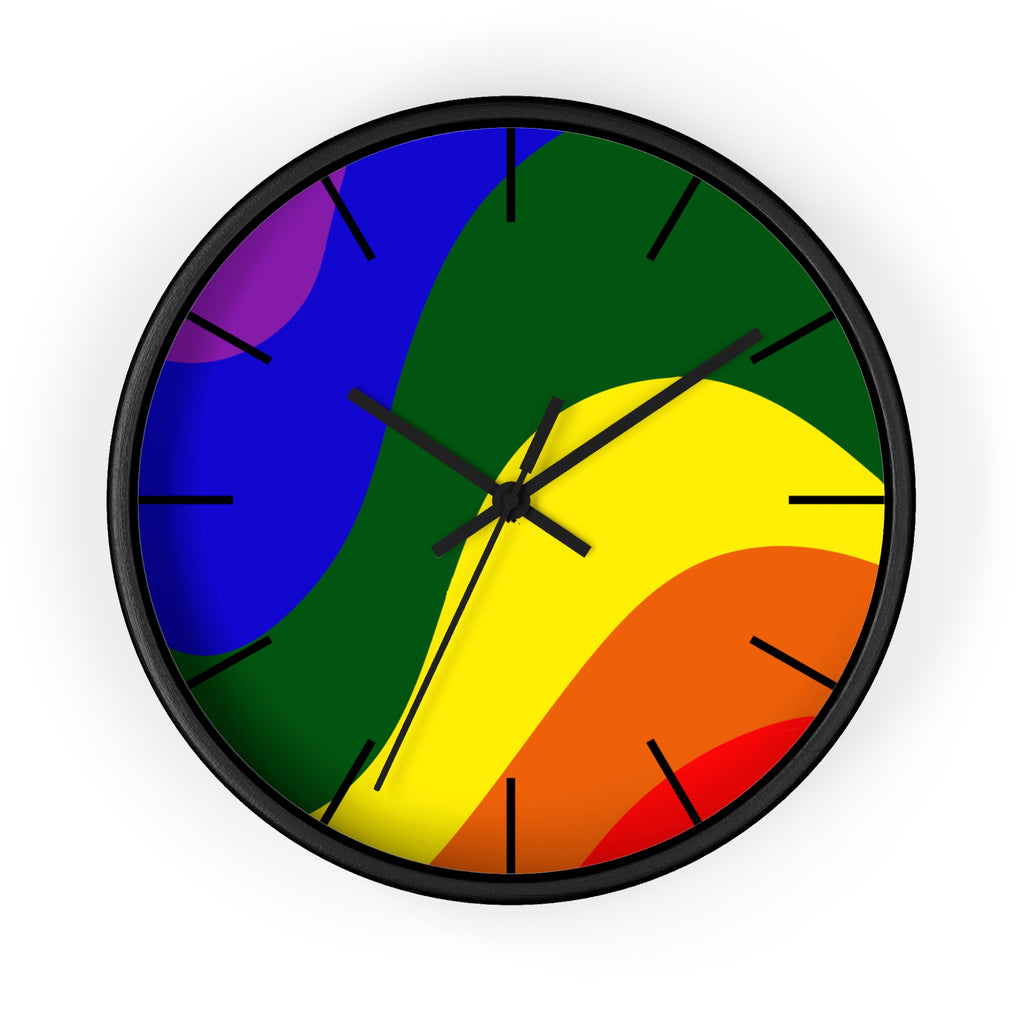 Black Wooden Base Black Hand Pride Rainbow Wave Modern Minimal Silent Wall Clock With Black Time Markers Front