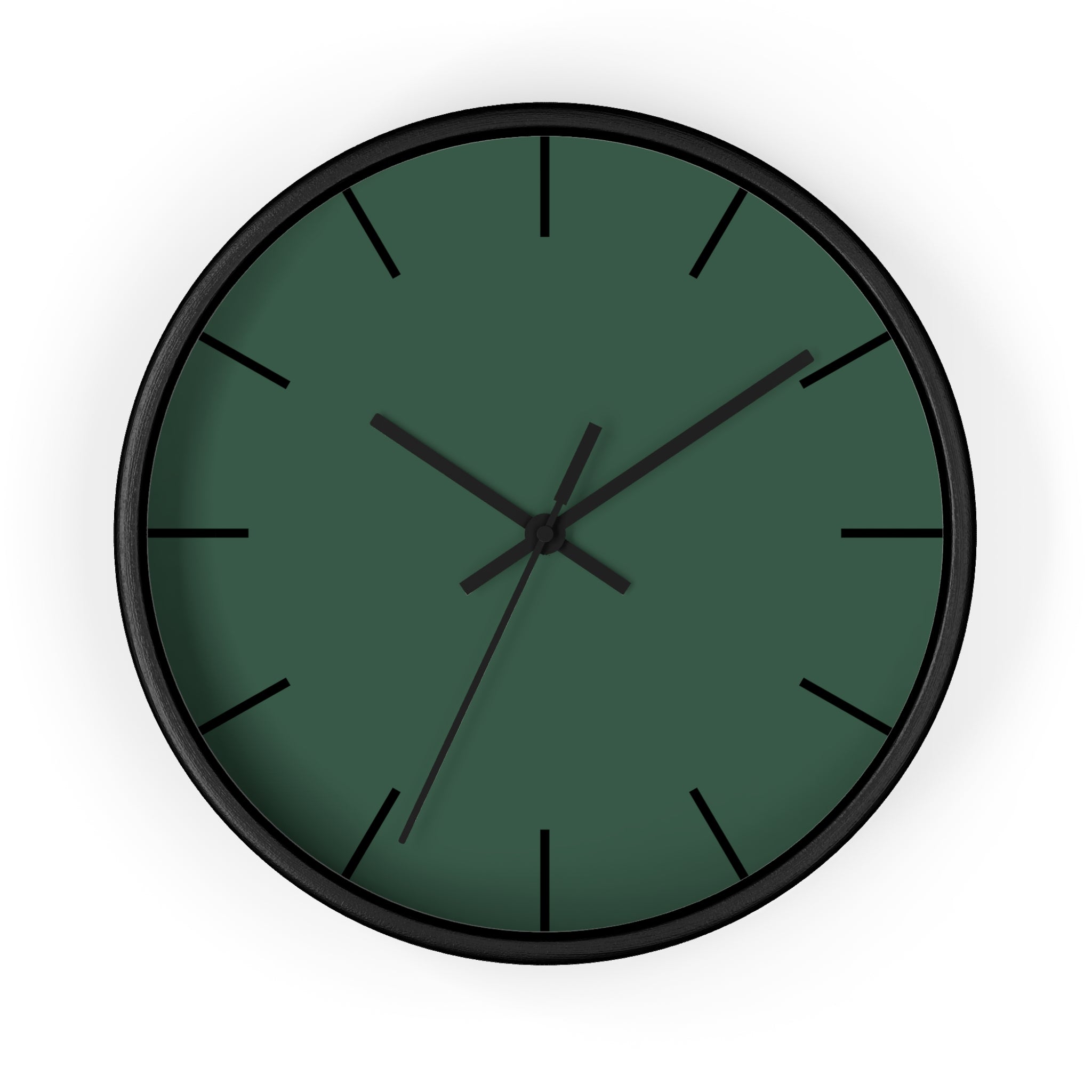 Black Wooden Base Black Hand Stromboli Dark Green Modern Minimal Silent Wall Clock With Black Time Markers Front