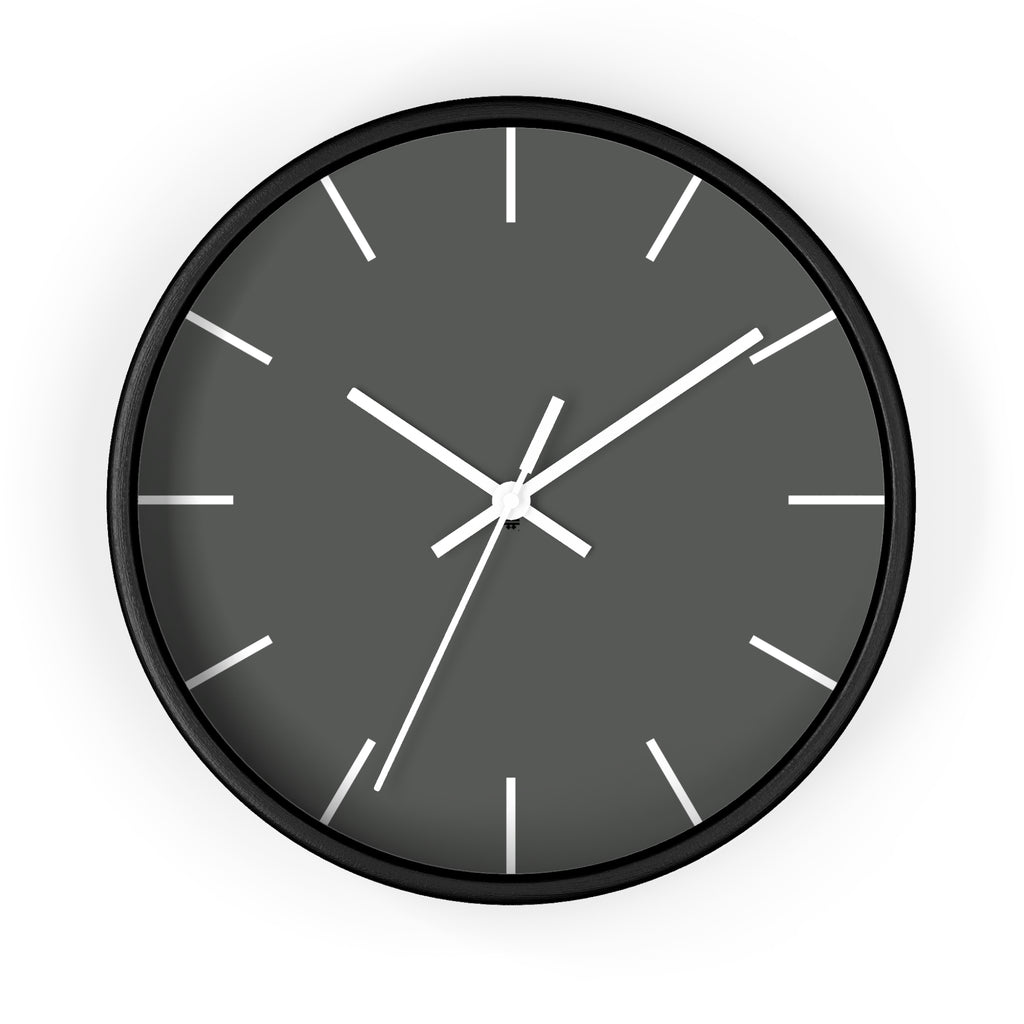 Black Wooden Base White Hand Atomic Grey Modern Minimalist Silent Wall Clock With White Time Markers Front