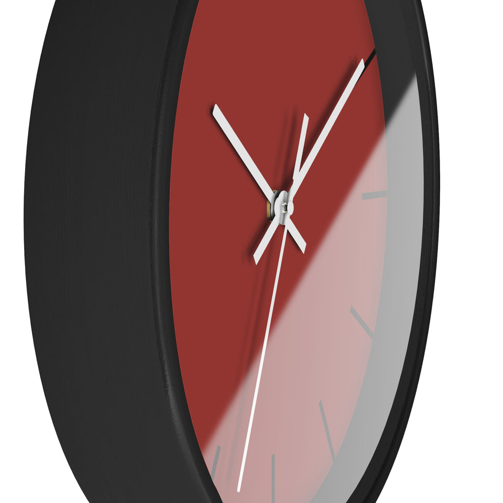 Black Wooden Base White Hand Brownish Red Modern Minimal Silent Wall Clock With Black Time Markers Side
