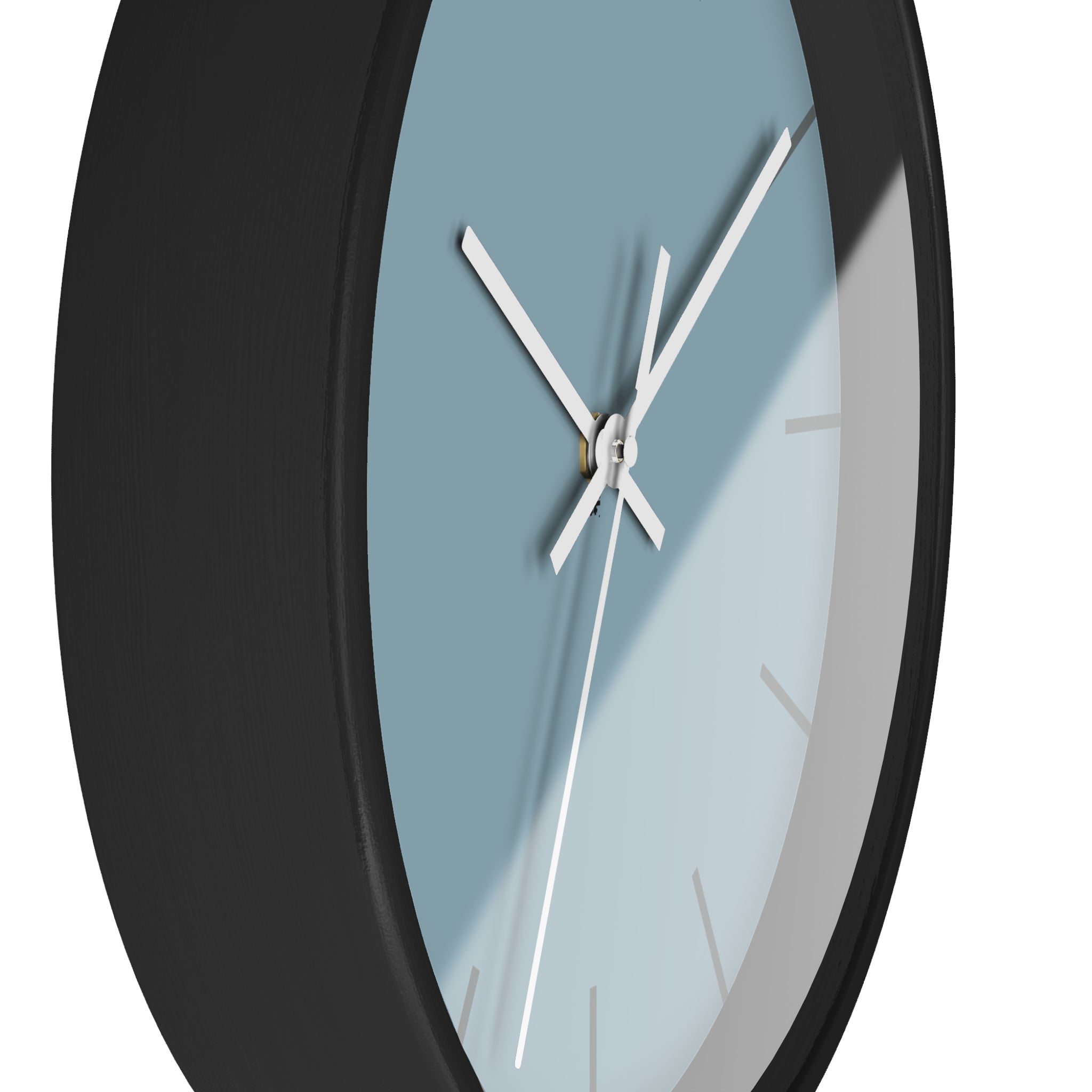 Black Wooden Base White Hand Danish Blue Modern Minimalist Silent Wall Clock With Grey Time Markers Side