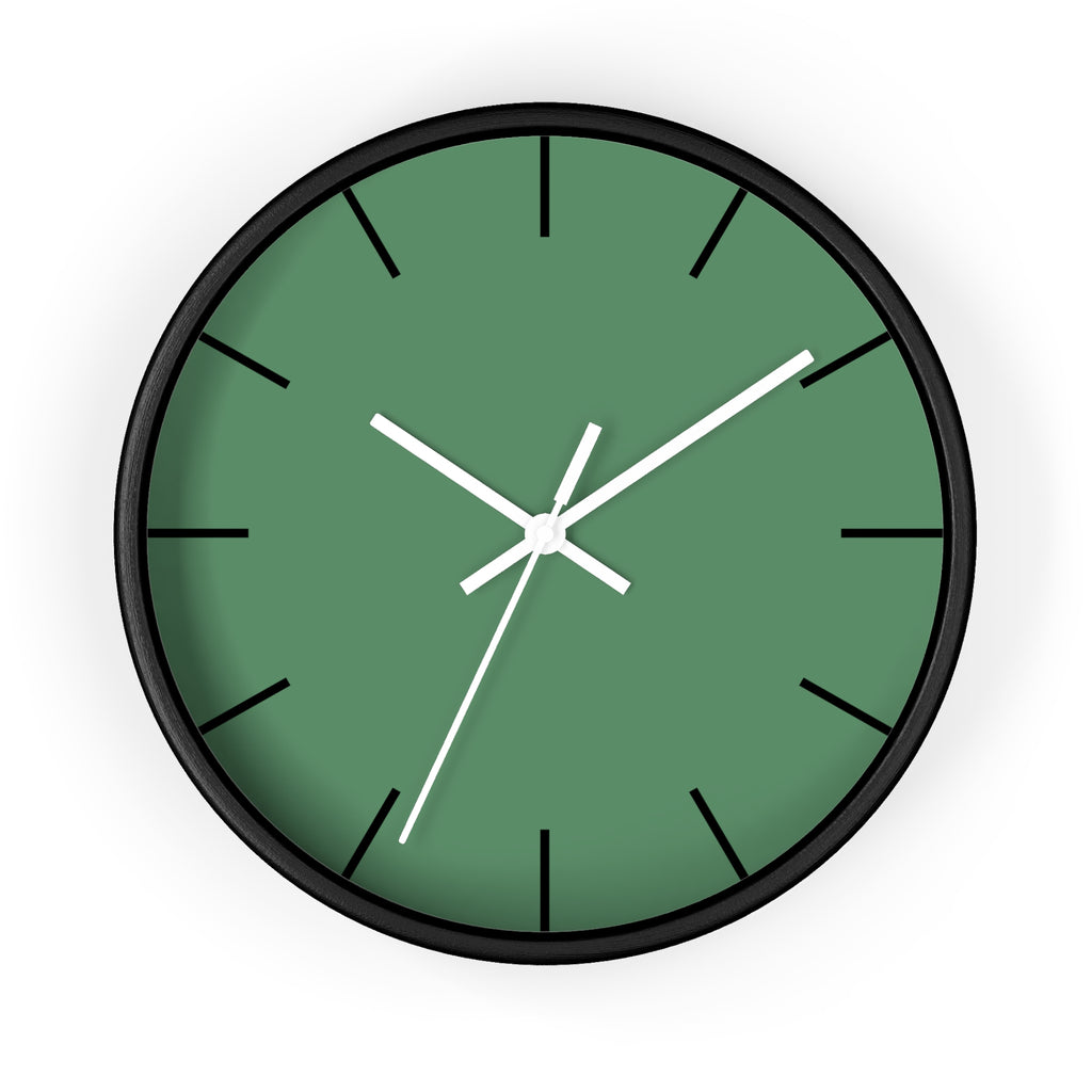 Black Wooden Base White Hand Dust Green Modern Minimal Wall Clock With Black Time Markers Front 