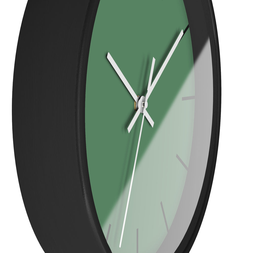 Black Wooden Base White Hand Dust Green Modern Minimal Wall Clock With Black Time Markers Side