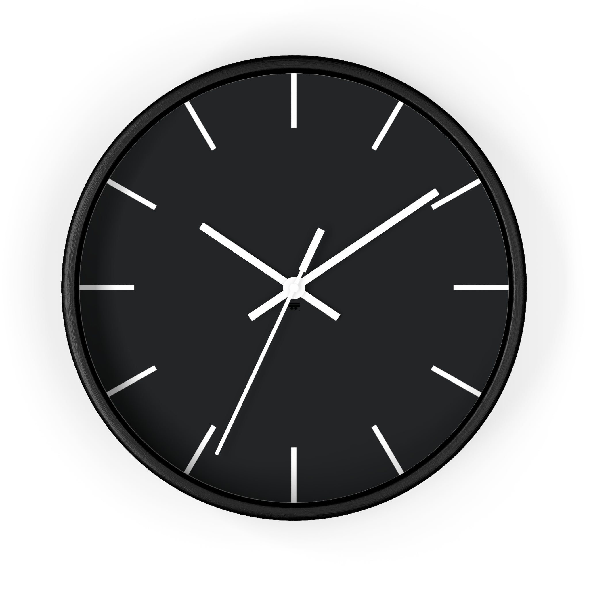 Black Wooden Base White Hand Modern Minimal Carbon Fiber Black Silent Wall Clock With Off White Time Markers Front 