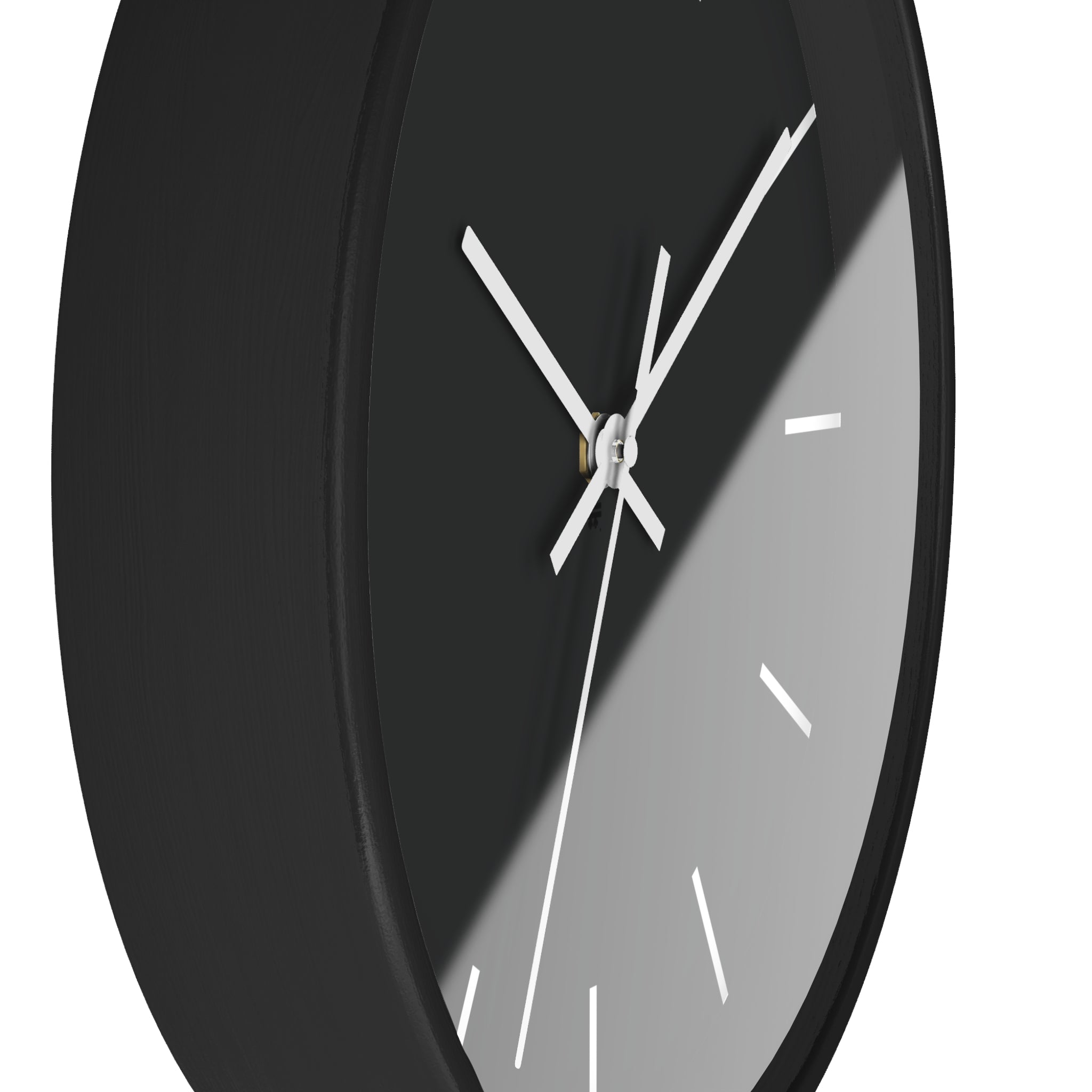 Black Wooden Base White Hand Modern Minimal Carbon Fiber Black Silent Wall Clock With Off White Time Markers Side