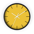 Black Wooden Base White Hand Modern Minimal Champ Yellow Silent Wall Clock with Black Time Markers Front 