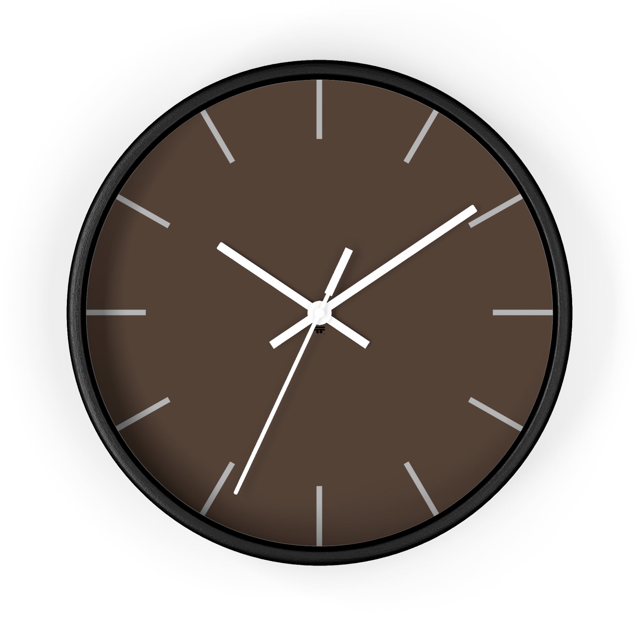 Black Wooden Base White Hand Modern Minimal Country Brown Silent Wall Clock With Off White Time Markers Front