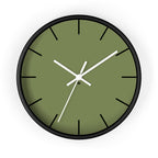 Black Wooden Base White Hand Modern Minimal Dark Sage Olive Green Quiet Wall Clock With Black Time Markers Front