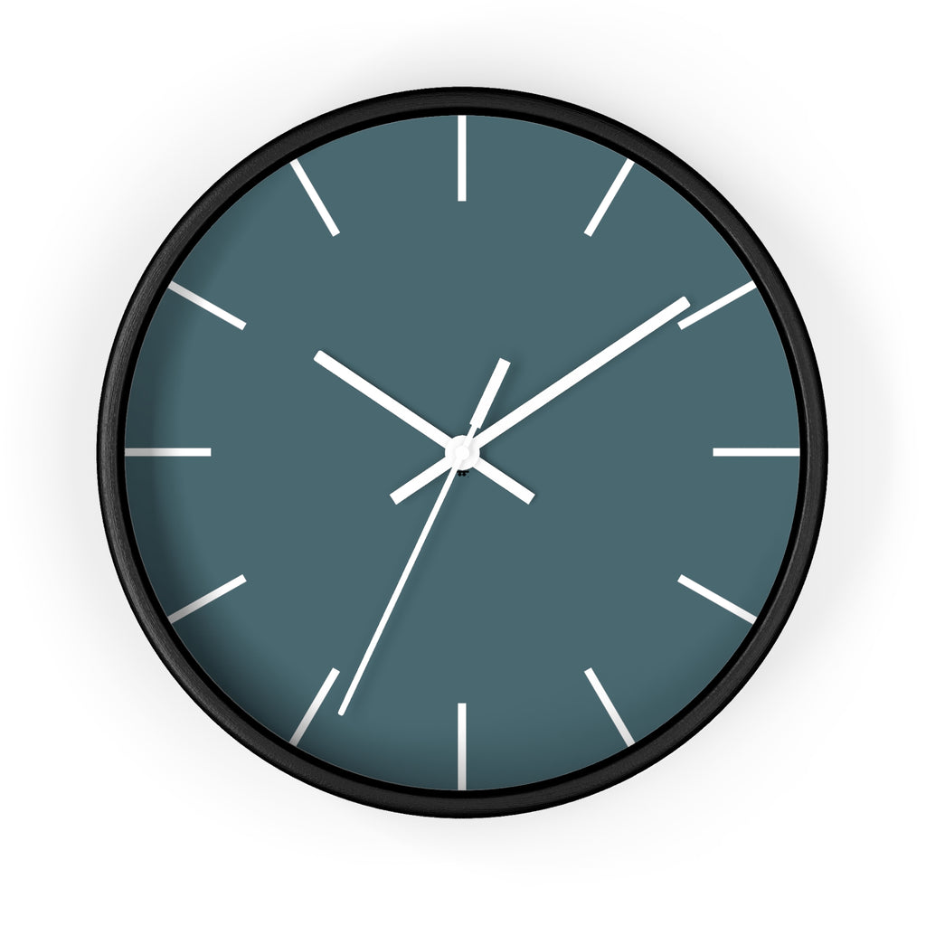 Black Wooden Base White Hand Modern Minimal Deep Space Sparkle Teal Silent Wall Clock With White Time Markers Front