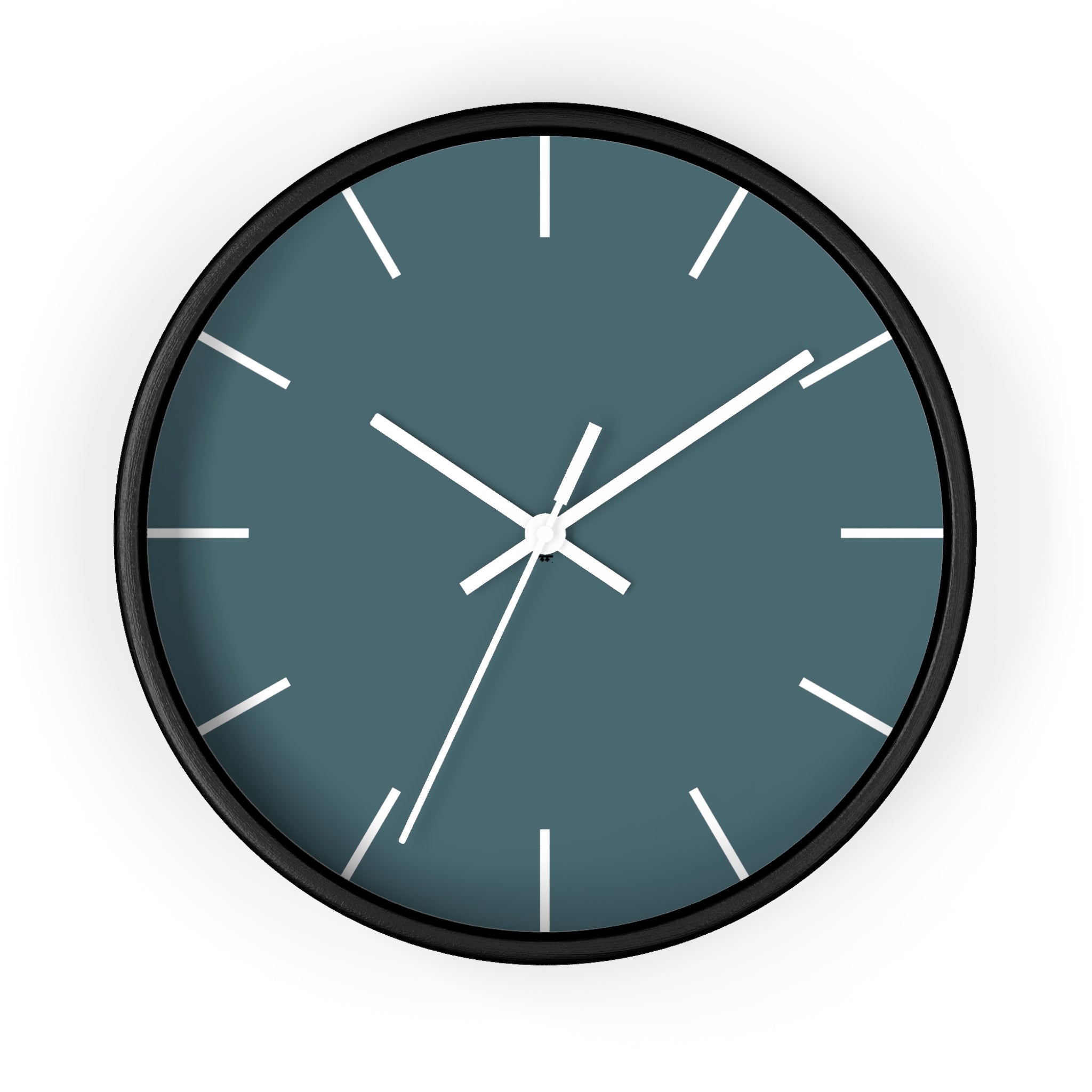 Black Wooden Base White Hand Modern Minimal Deep Space Sparkle Teal Silent Wall Clock With White Time Markers Front