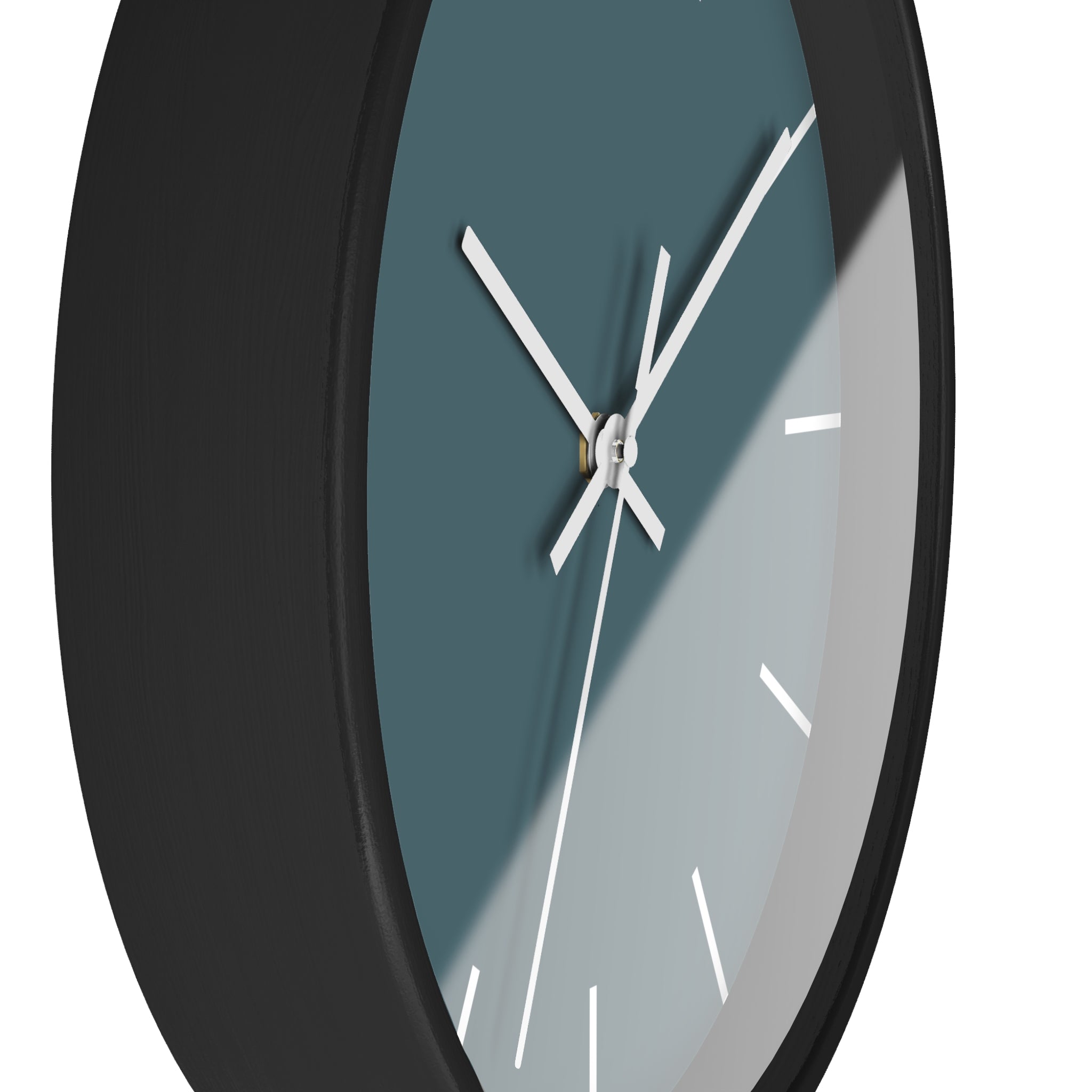 Black Wooden Base White Hand Modern Minimal Deep Space Sparkle Teal Silent Wall Clock With White Time Markers Side