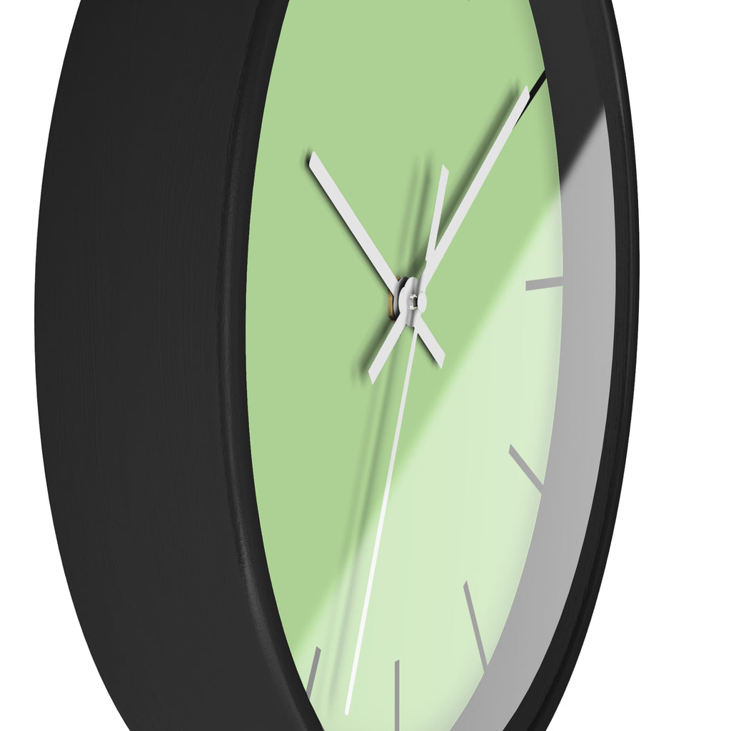 Black Wooden Base White Hand Modern Minimal Fresh Green Mint Quiet Wall Clock With Black Time Markers Side