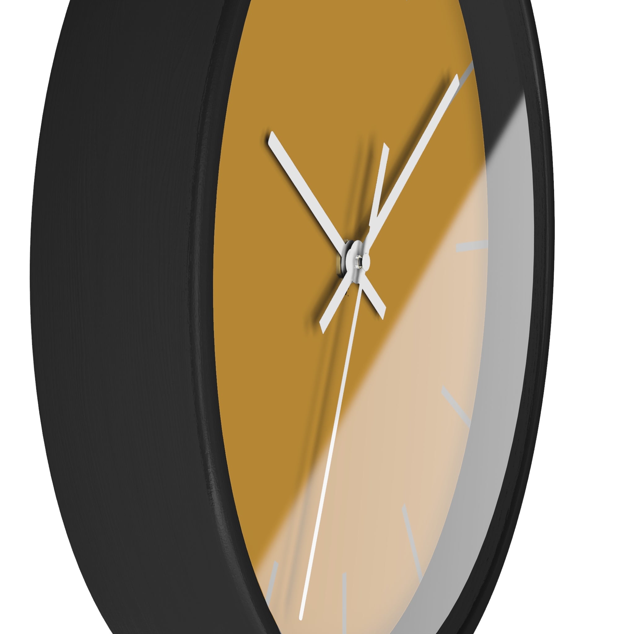Black Wooden Base White Hand Modern Minimal Gold Ochre Mustard Silent Wall Clock With Light Grey Time Markers Side