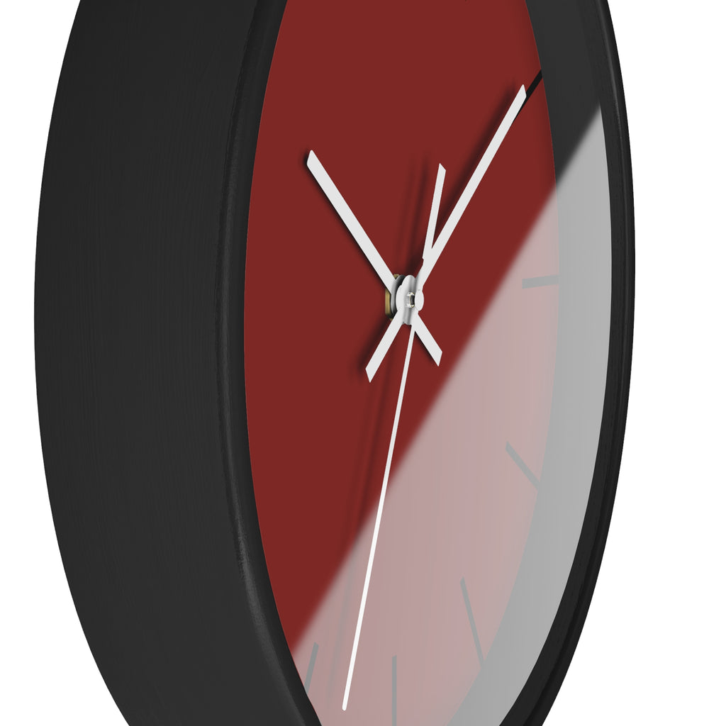 Black Wooden Base White Hand Modern Minimal Maroon Bloodstone Red Silent Wall Clock With Black Time Markers Side