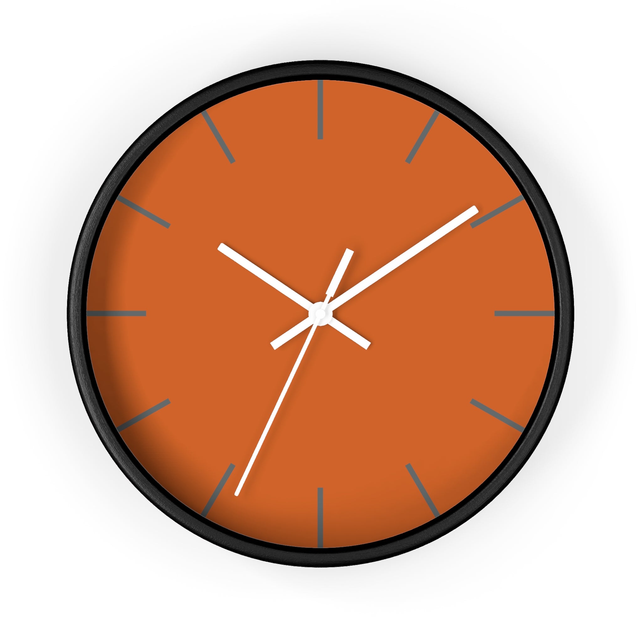 Black Wooden Base White Hand Modern Minimal Roman Earth Rust Orange Wall Clock With Grey Time Markers Front