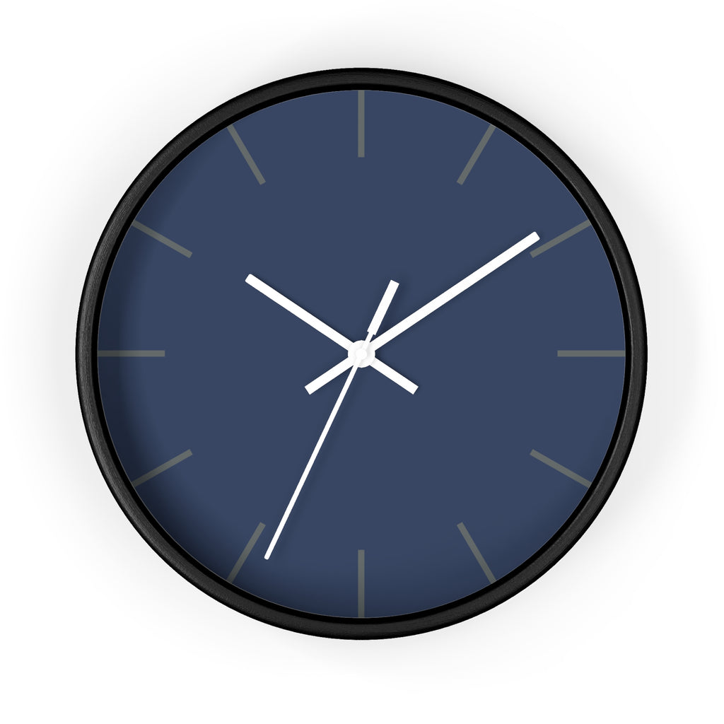 Black Wooden Base White Hand Modern Minimal Rugged Blue Navy Silent Wall Clock With Dark Grey Time Markers Front