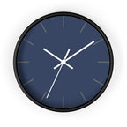 Black Wooden Base White Hand Modern Minimal Rugged Blue Navy Silent Wall Clock With Dark Grey Time Markers Front