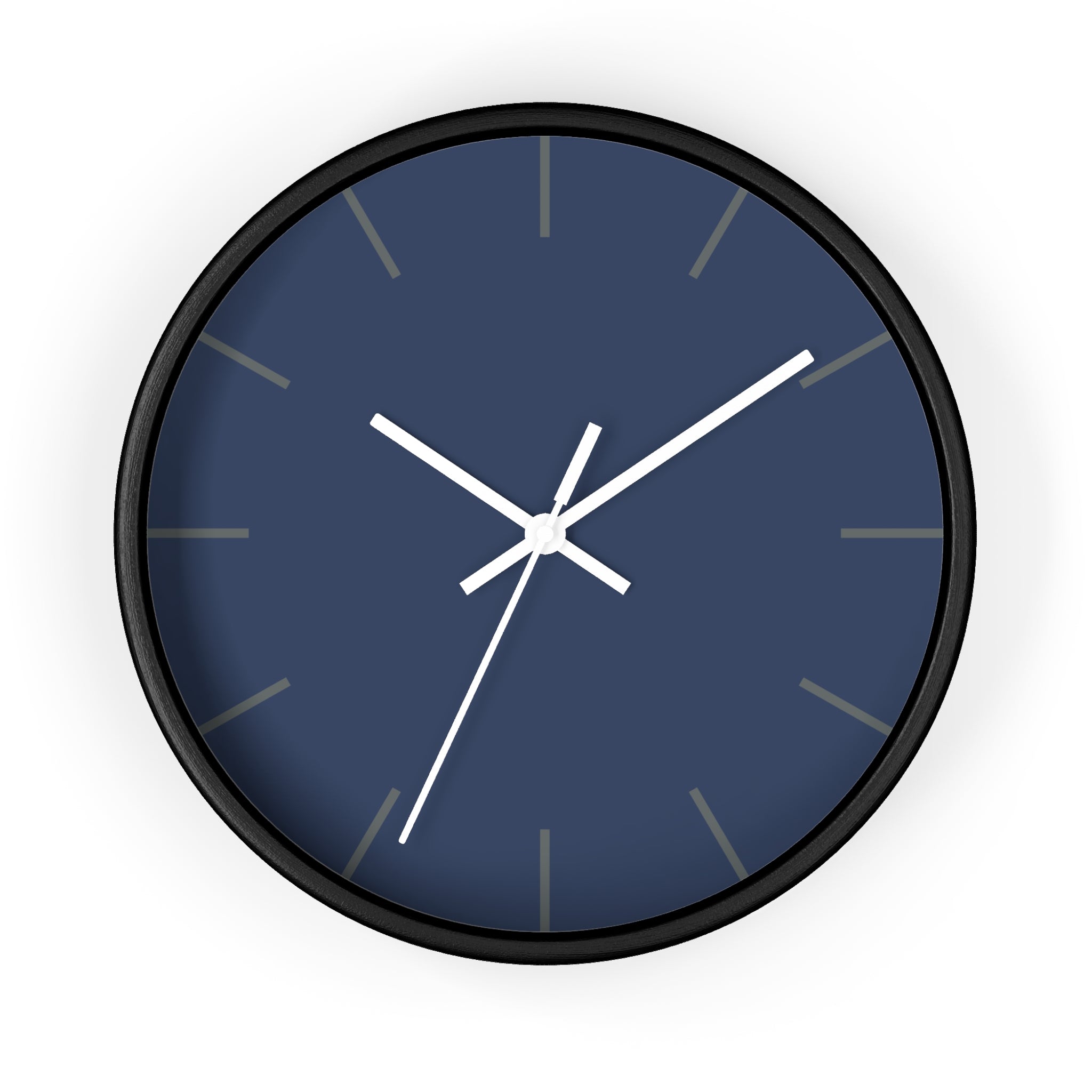 Black Wooden Base White Hand Modern Minimal Rugged Blue Navy Silent Wall Clock With Dark Grey Time Markers Front