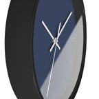 Black Wooden Base White Hand Modern Minimal Rugged Blue Navy Silent Wall Clock With Black Time Markers Side