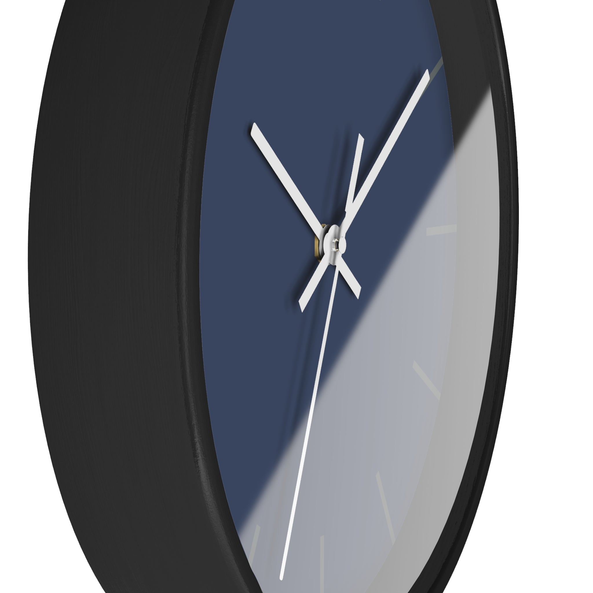 Black Wooden Base White Hand Modern Minimal Rugged Blue Navy Silent Wall Clock With Black Time Markers Side