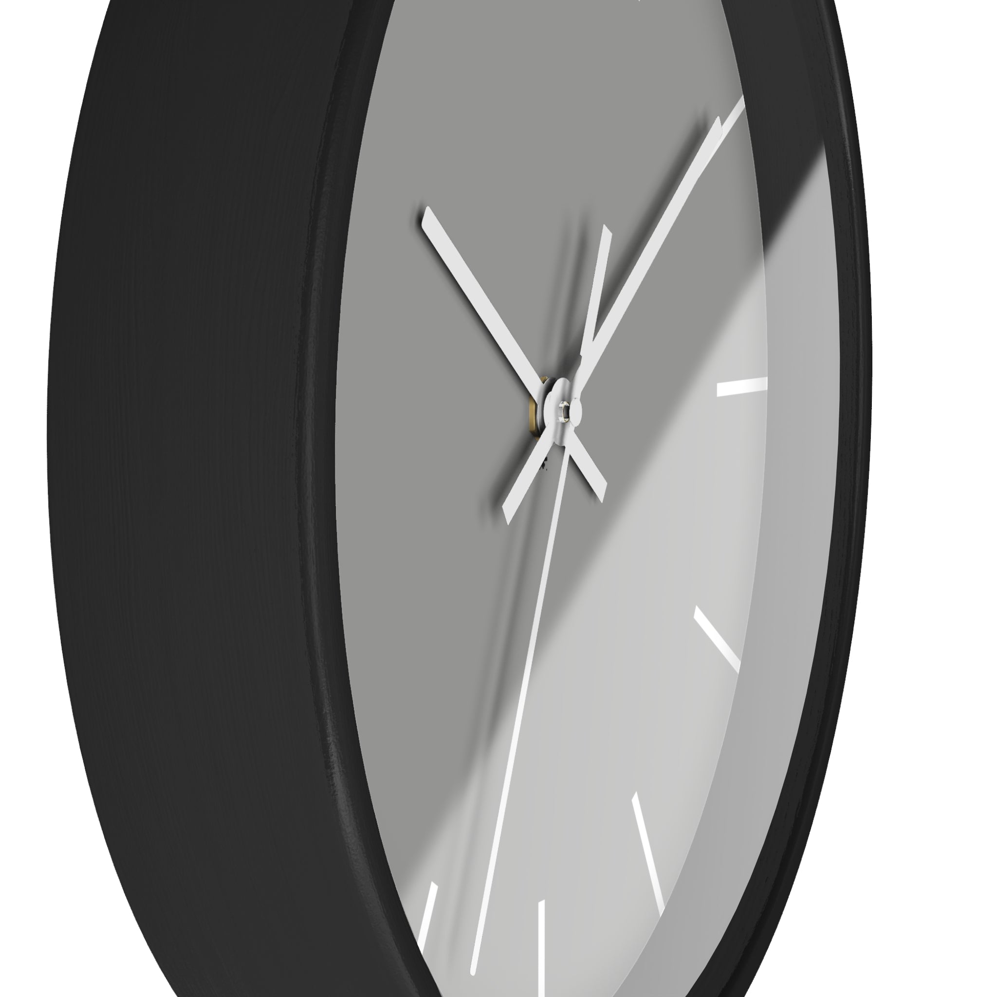 Black Wooden Base White Hand Modern Minimal Stardust Grey Silent Wall Clock With White Time Markers Side