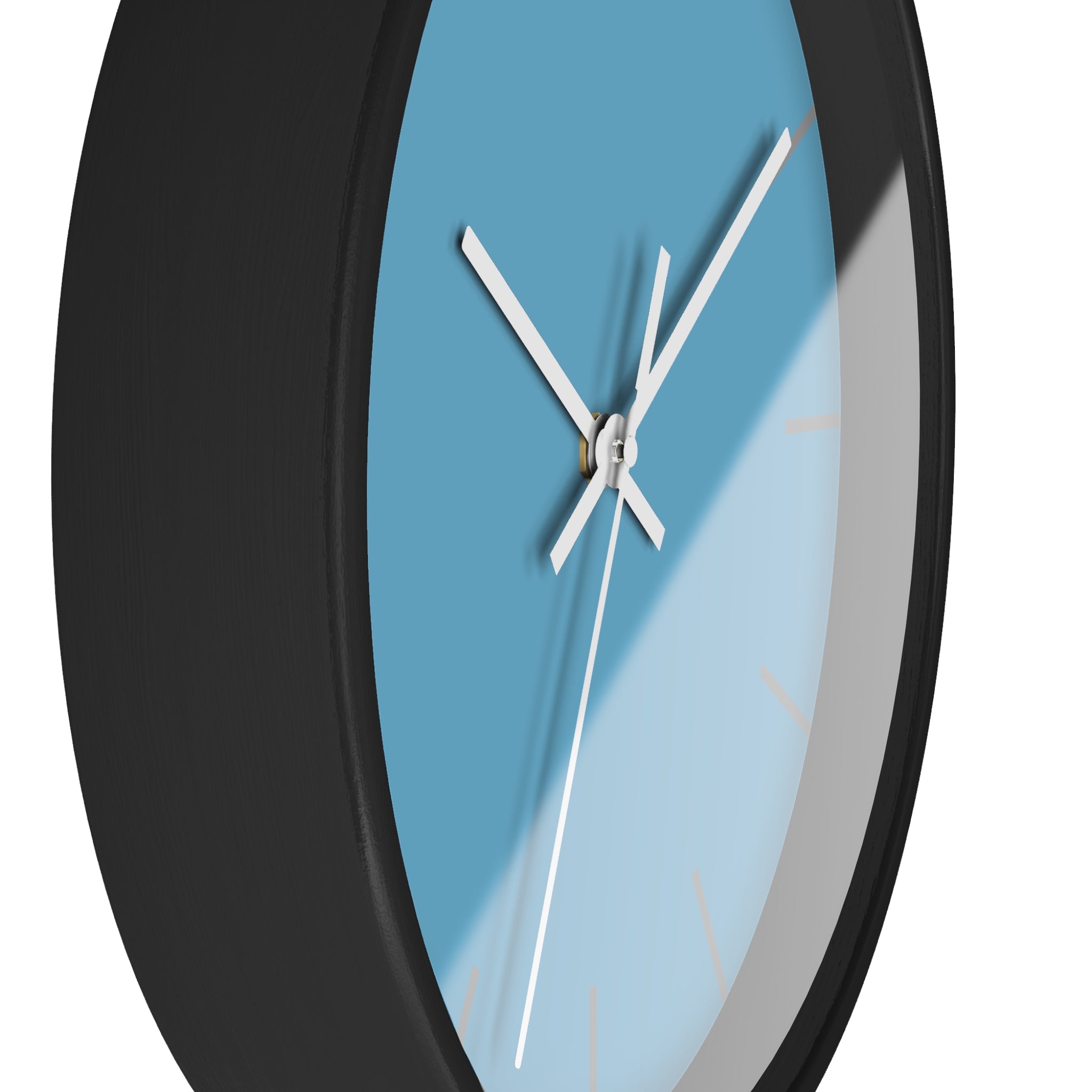Black Wooden Base White Hand Modern Minimal Vintage Blue Wall Clock With Light Grey Time Markers Side