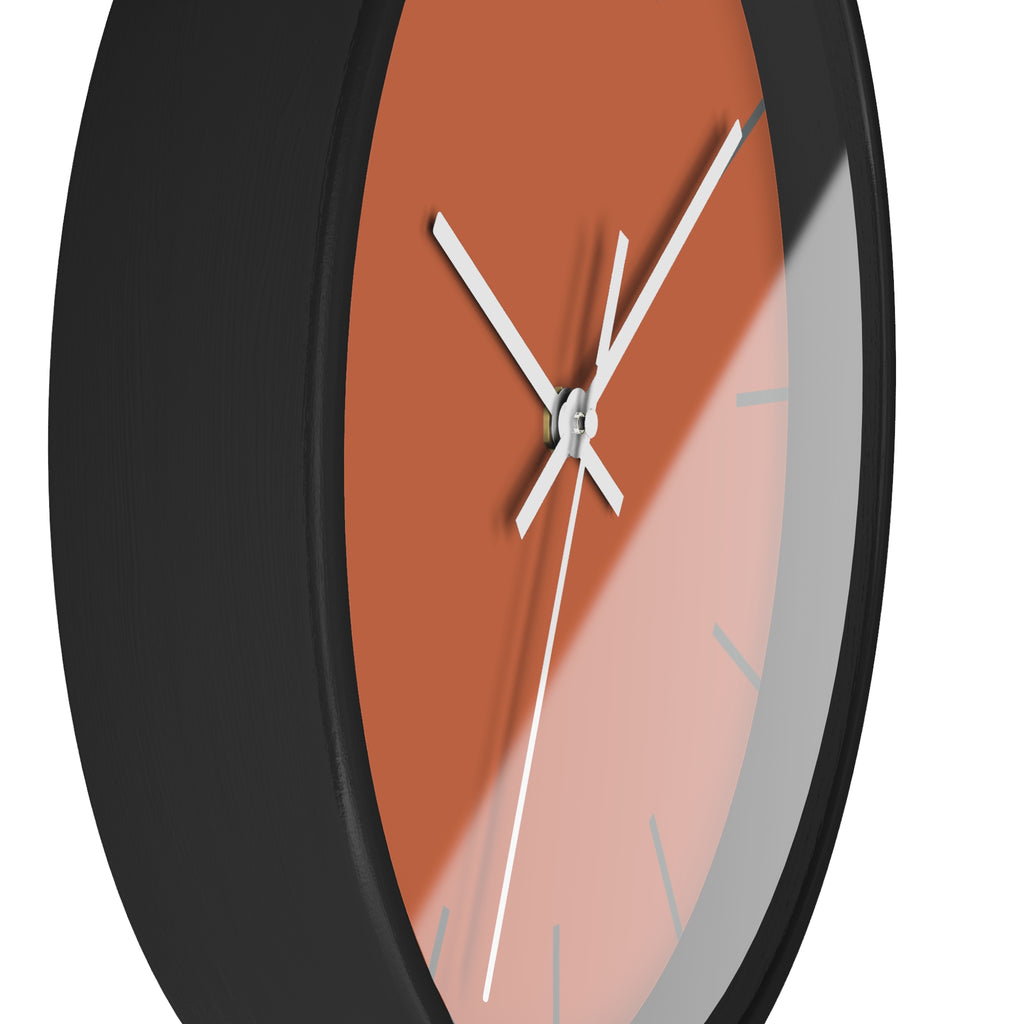 Black Wooden Base White Hand Modern Minimalist Boho Rust Orange Wall Clock With Grey Time Markers Side