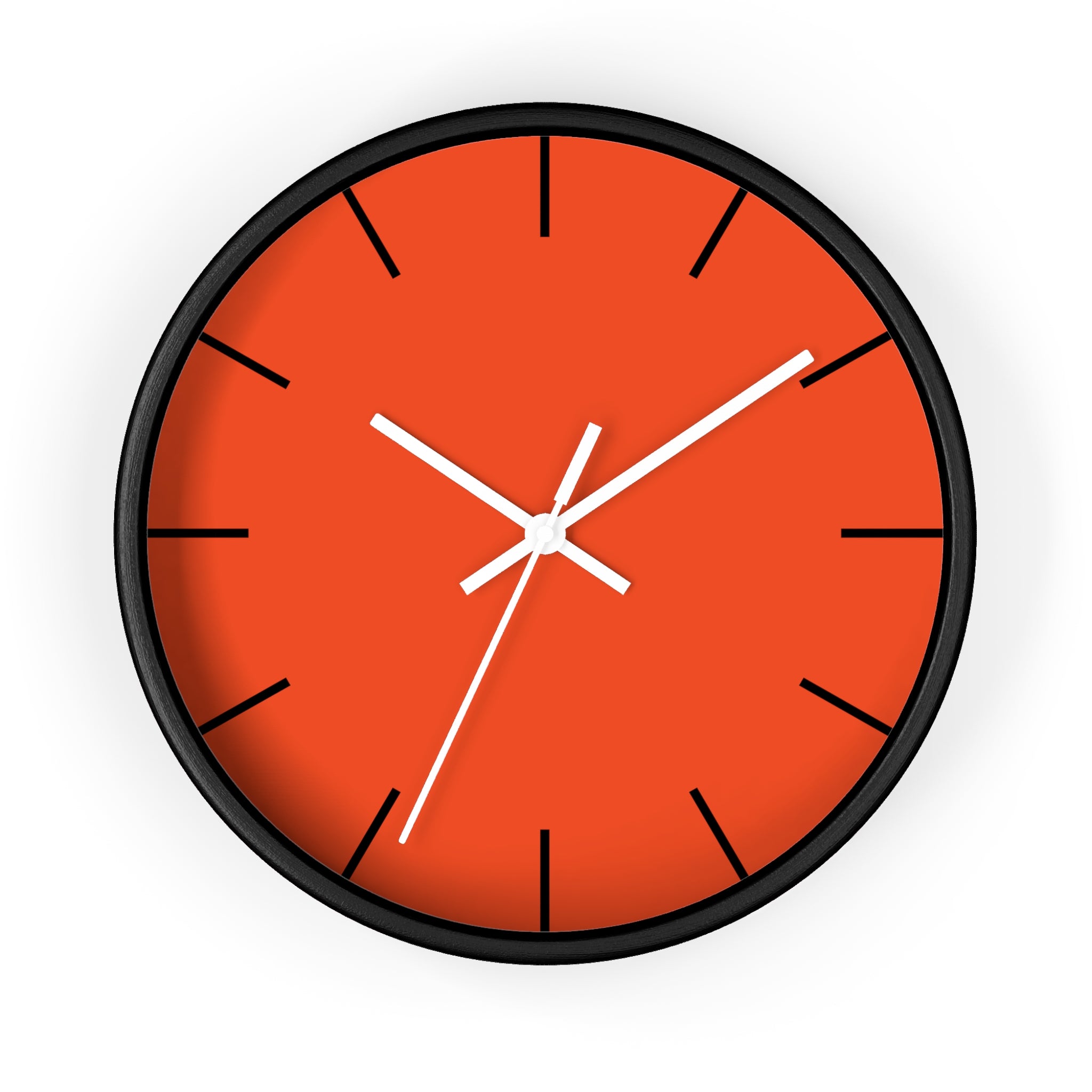 Black Wooden Base White Hand Modern Minimalist Dragon Fire Red Orange Wall Clock With Black Time Markers Front