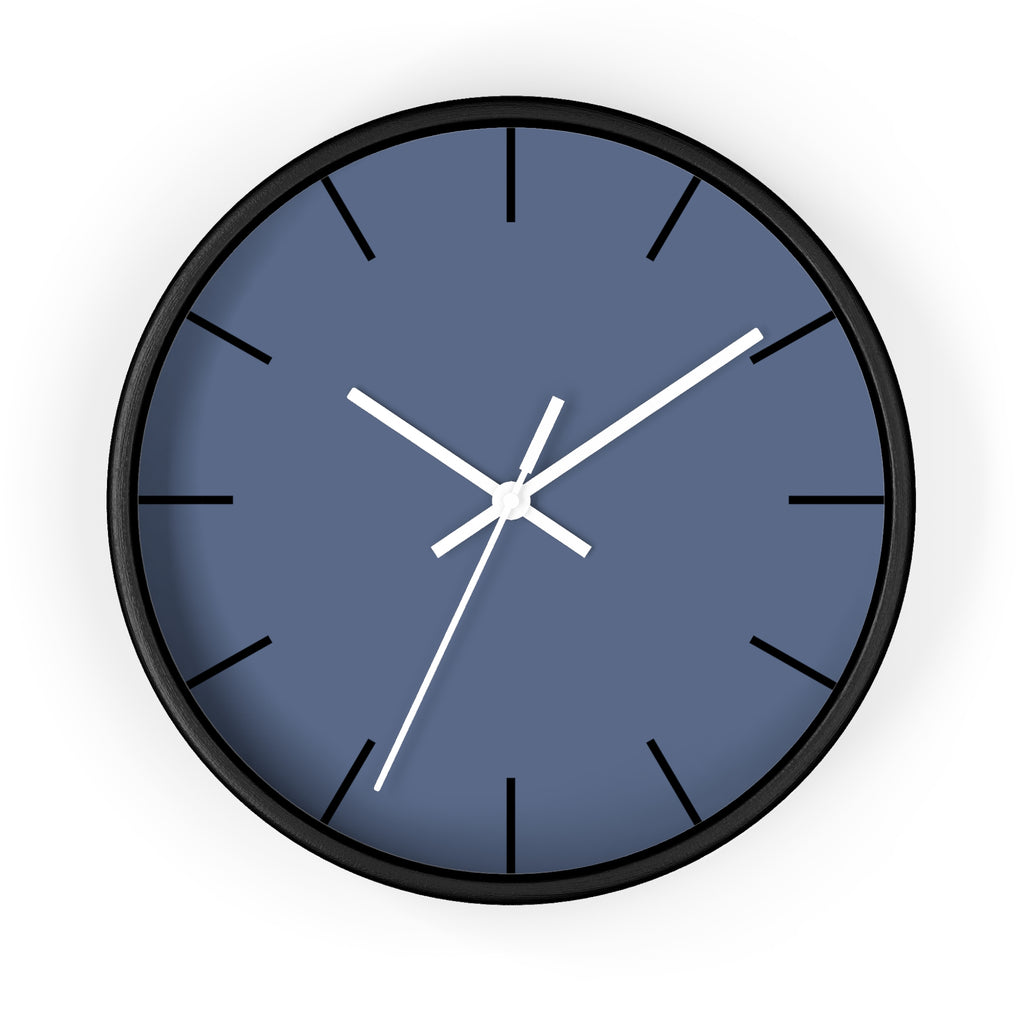 Black Wooden Base White Hand Modern Minimalist Dust Blue Silent Wall Clock With Black Time Markers Front 