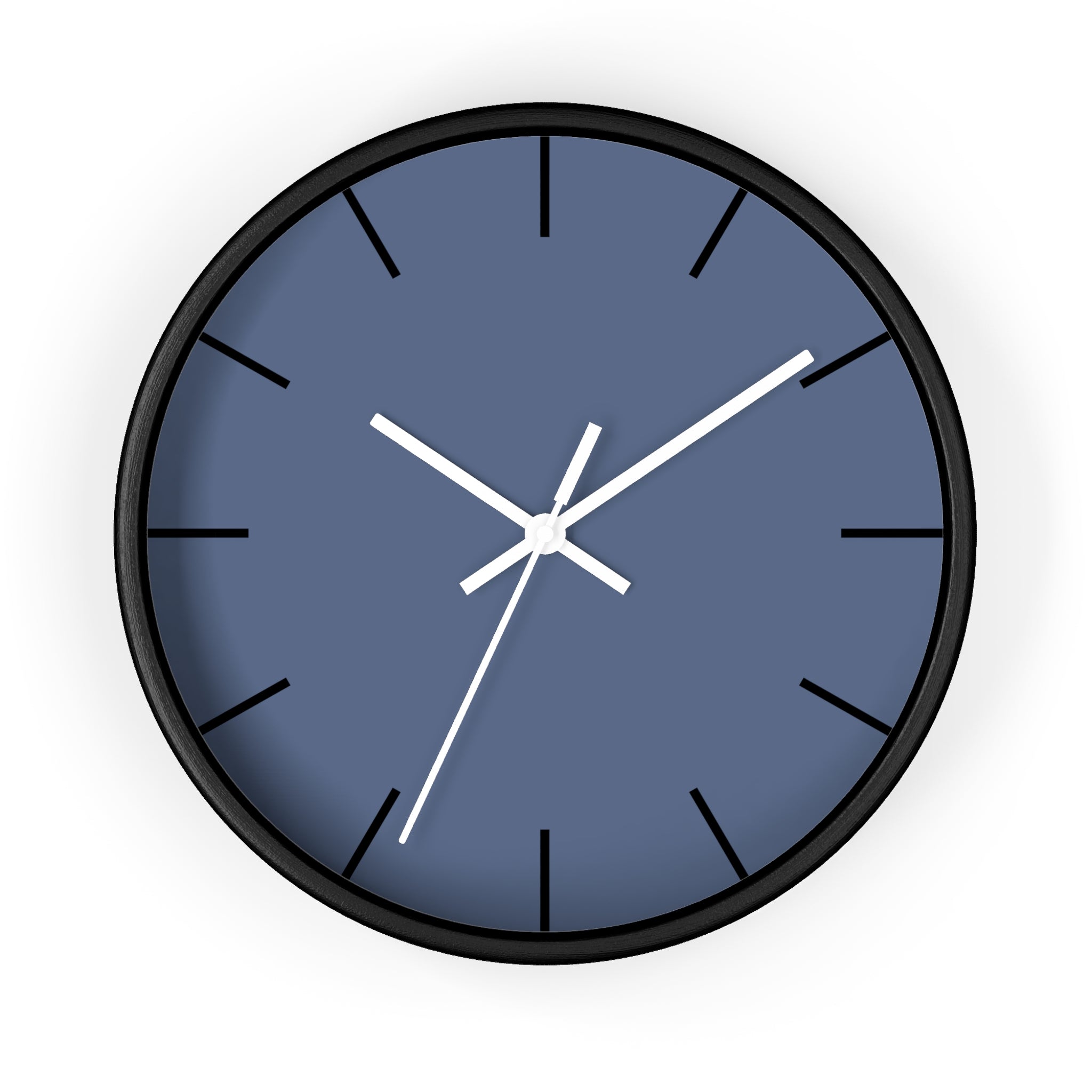 Black Wooden Base White Hand Modern Minimalist Dust Blue Silent Wall Clock With Black Time Markers Front 