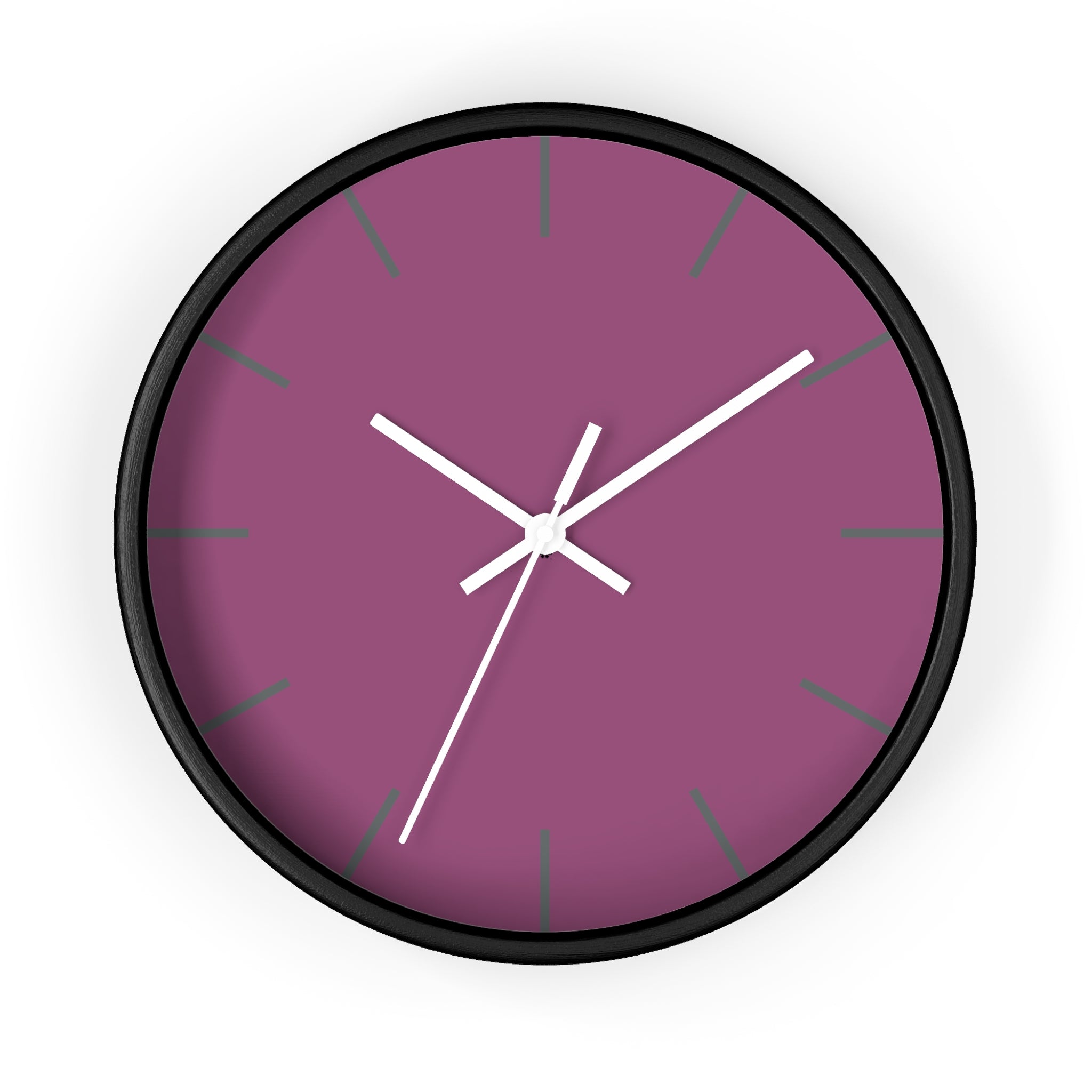 Black Wooden Base White Hand Modern Minimalist Lavender Red Plum Silent Wall Clock With Grey Time Markers Front 
