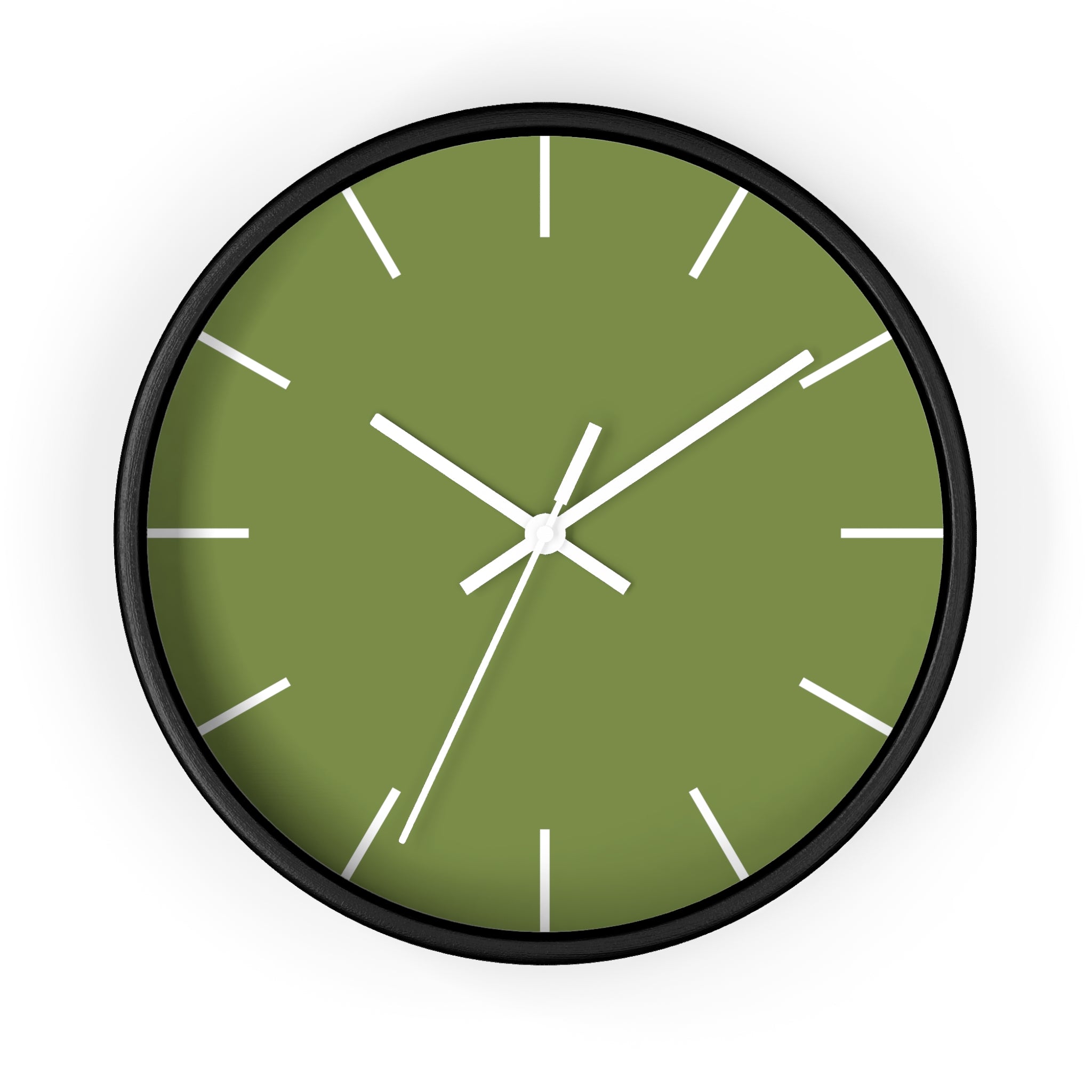 Black Wooden Base White Hand Olive Green Modern Minimal Silent Wall Clock With White Time Markers Front