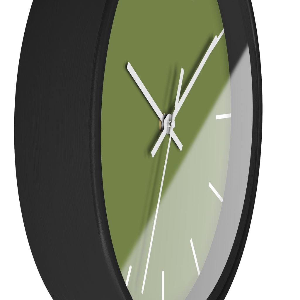 Black Wooden Base White Hand Olive Green Modern Minimal Silent Wall Clock With White Time Markers Side
