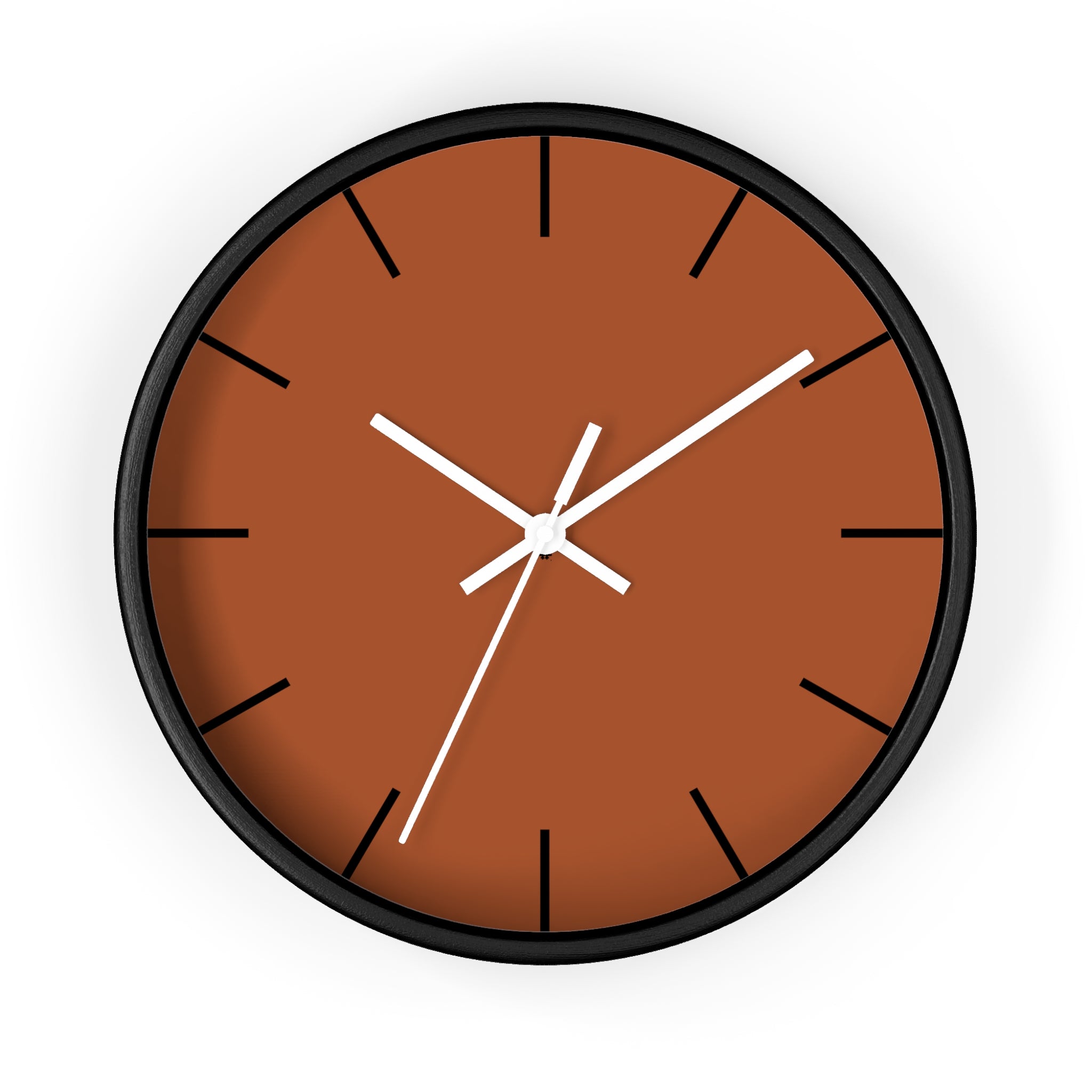 Black Wooden Base White Hand Paarl Terracotta Modern Minimal Silent Wall Clock With Black Time Markers Front