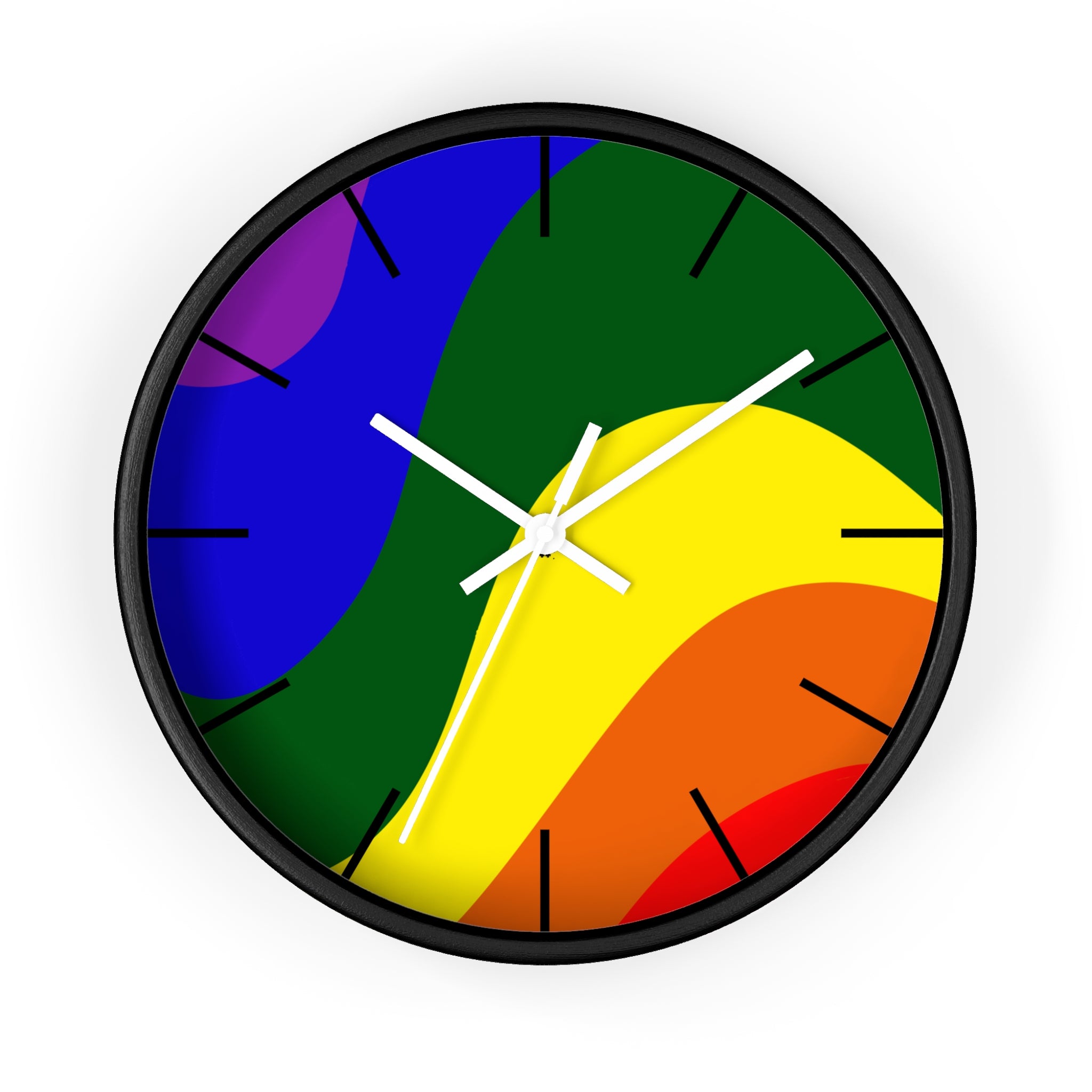 Black Wooden Base White Hand Pride Rainbow Wave Modern Minimal Silent Wall Clock With Black Time Markers Front
