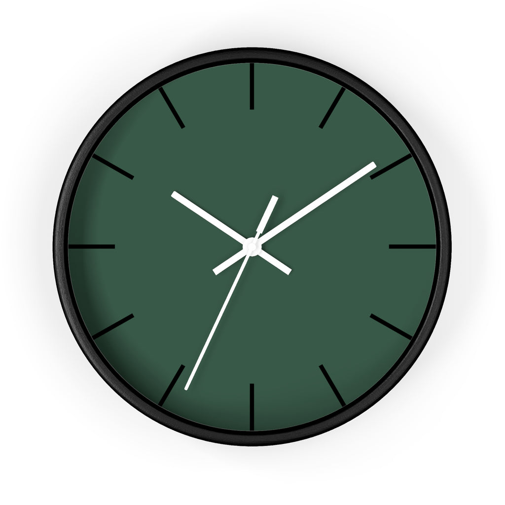 Black Wooden Base White Hand Stromboli Dark Green Modern Minimal Silent Wall Clock With Black Time Markers Front