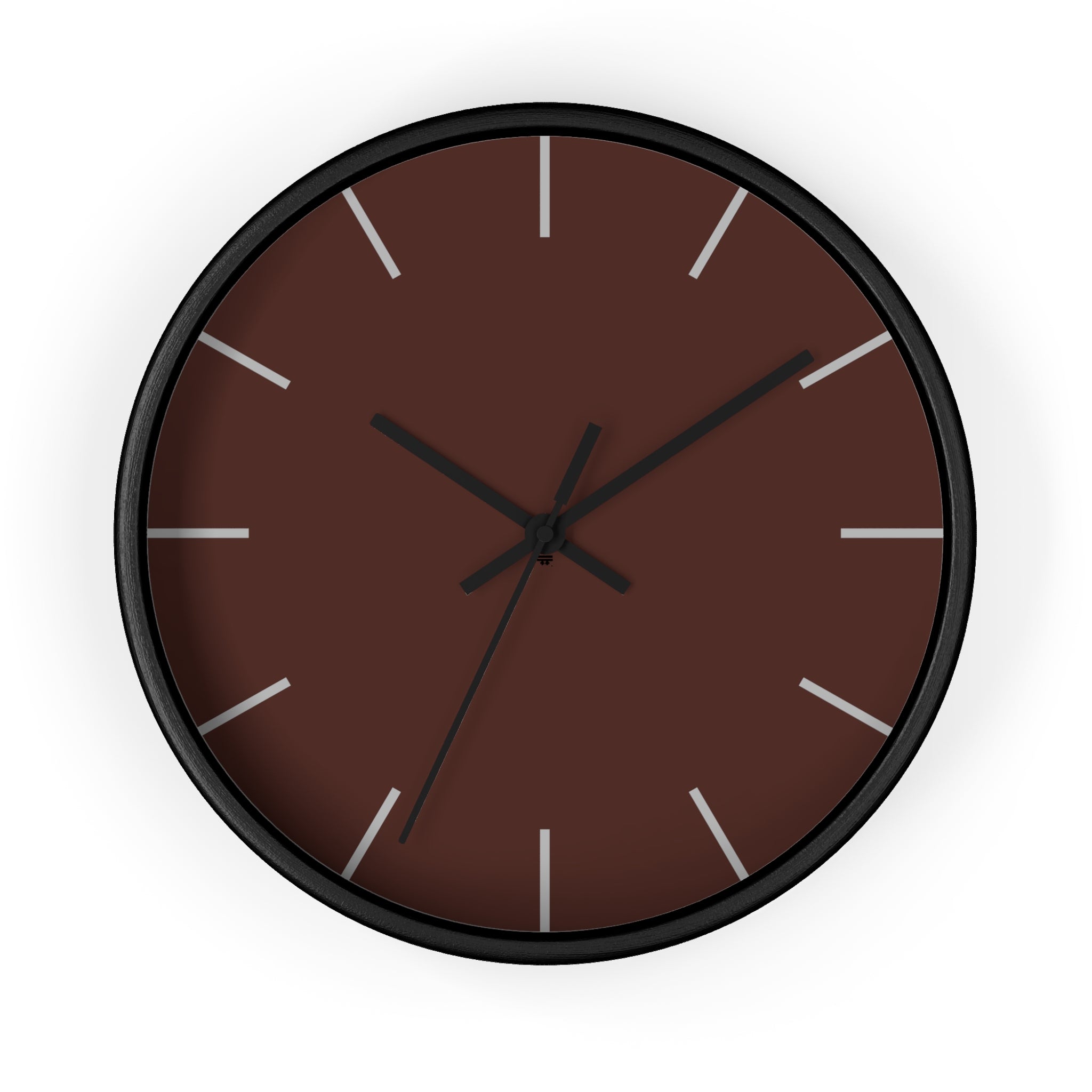 Black Wooden Frame Black Hand Saddle Brown Modern Minimal Wall Clock With Off White Time Markers Front